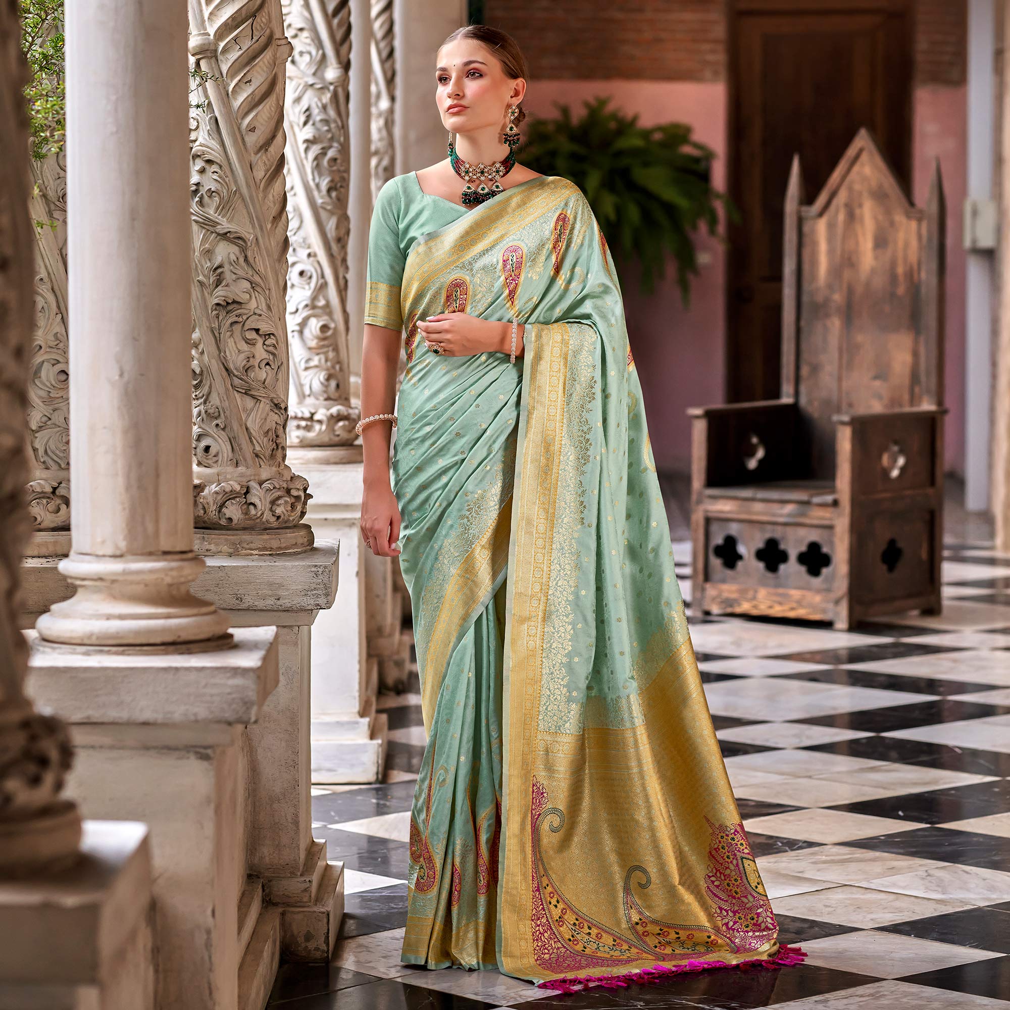 Sea Green Floral Woven Banarasi Silk Saree With Tassels