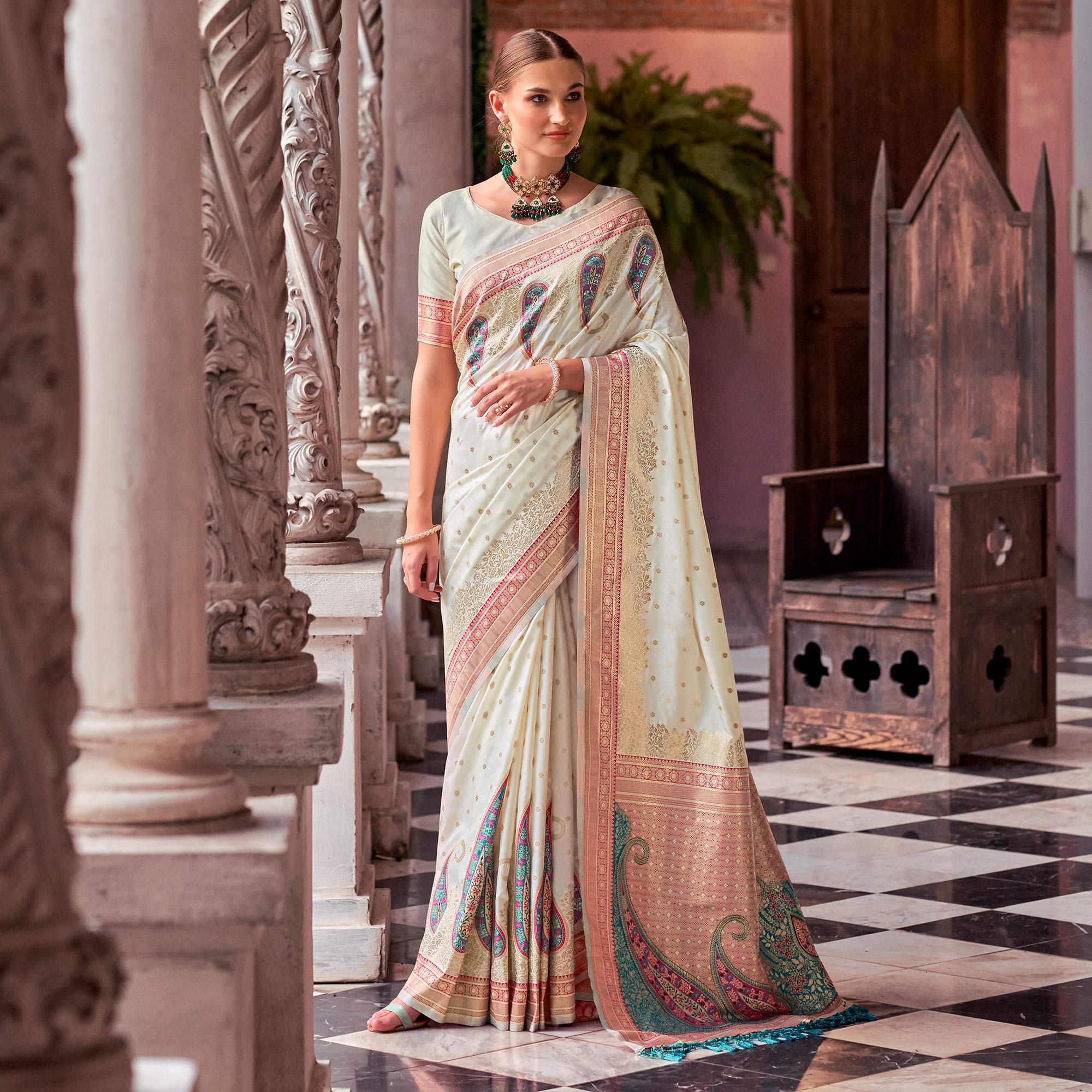 White Floral Woven Banarasi Silk Saree With Tassels