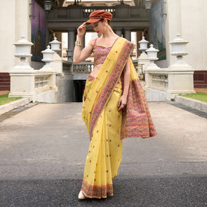 Yellow Floral Woven linen Saree