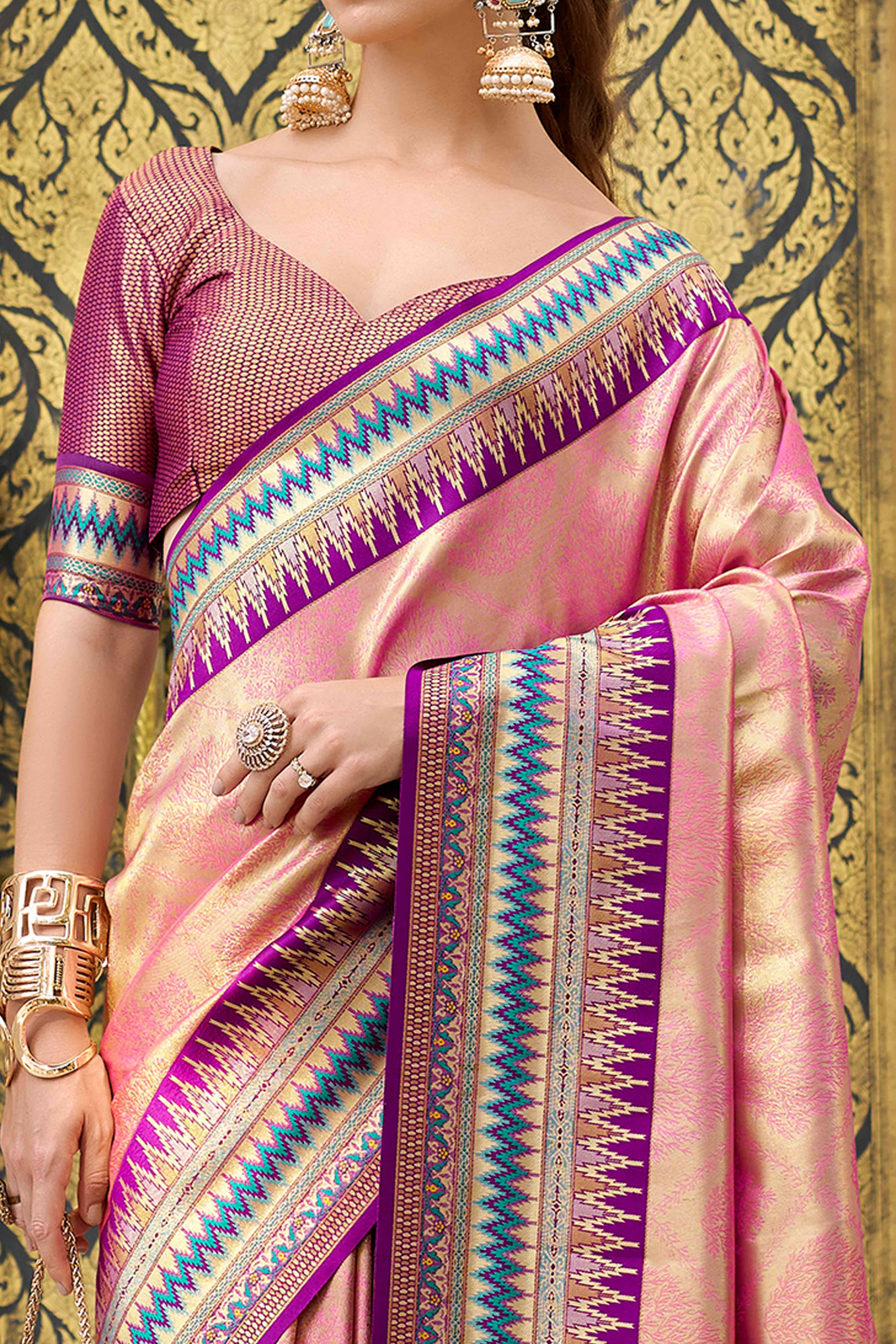 Pink Zari Weaving Tissue Silk Saree