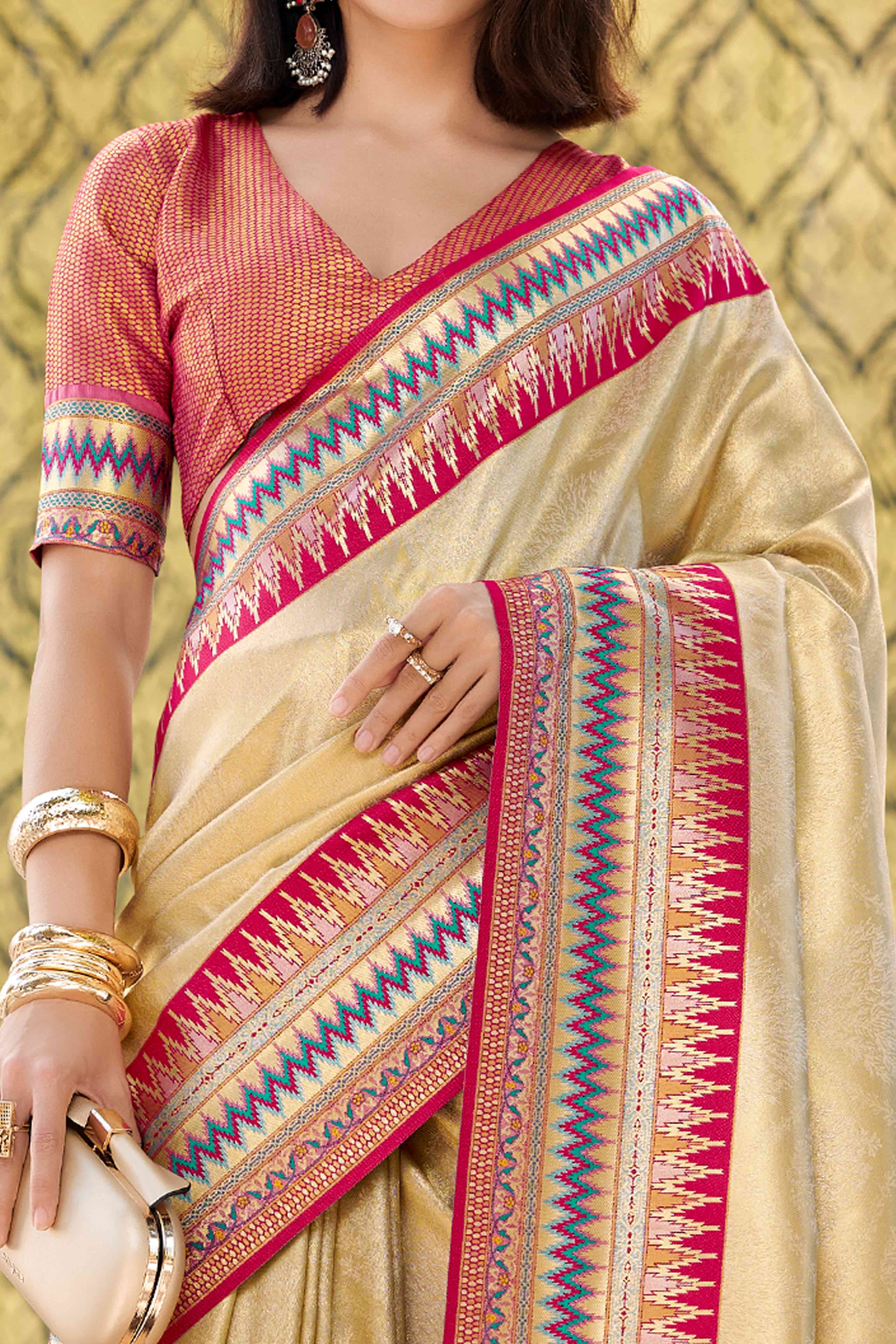 Beige Zari Weaving Tissue Silk Saree