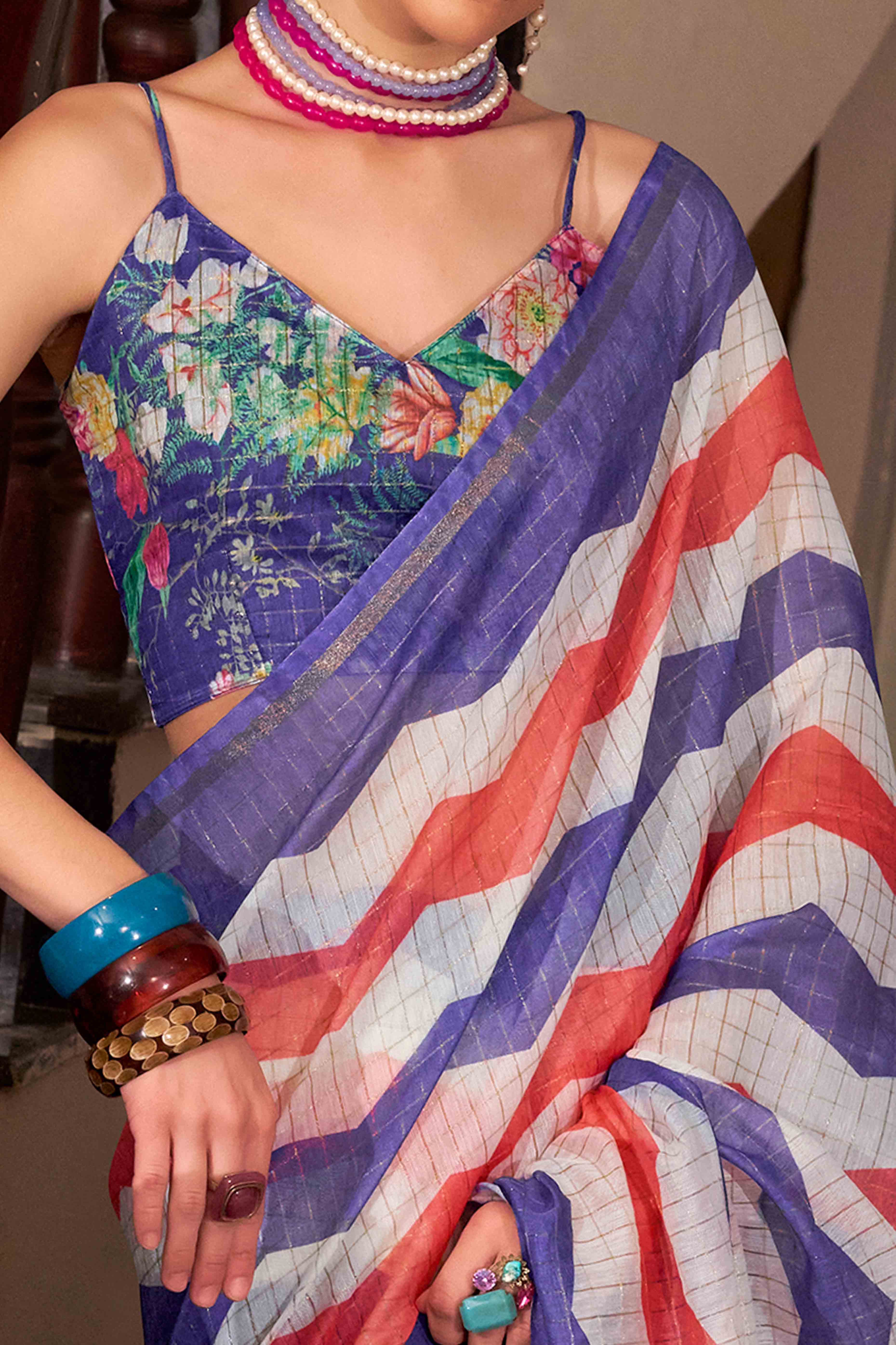Blue Woven Cotton Silk Saree With A Zig-Zag Pattern