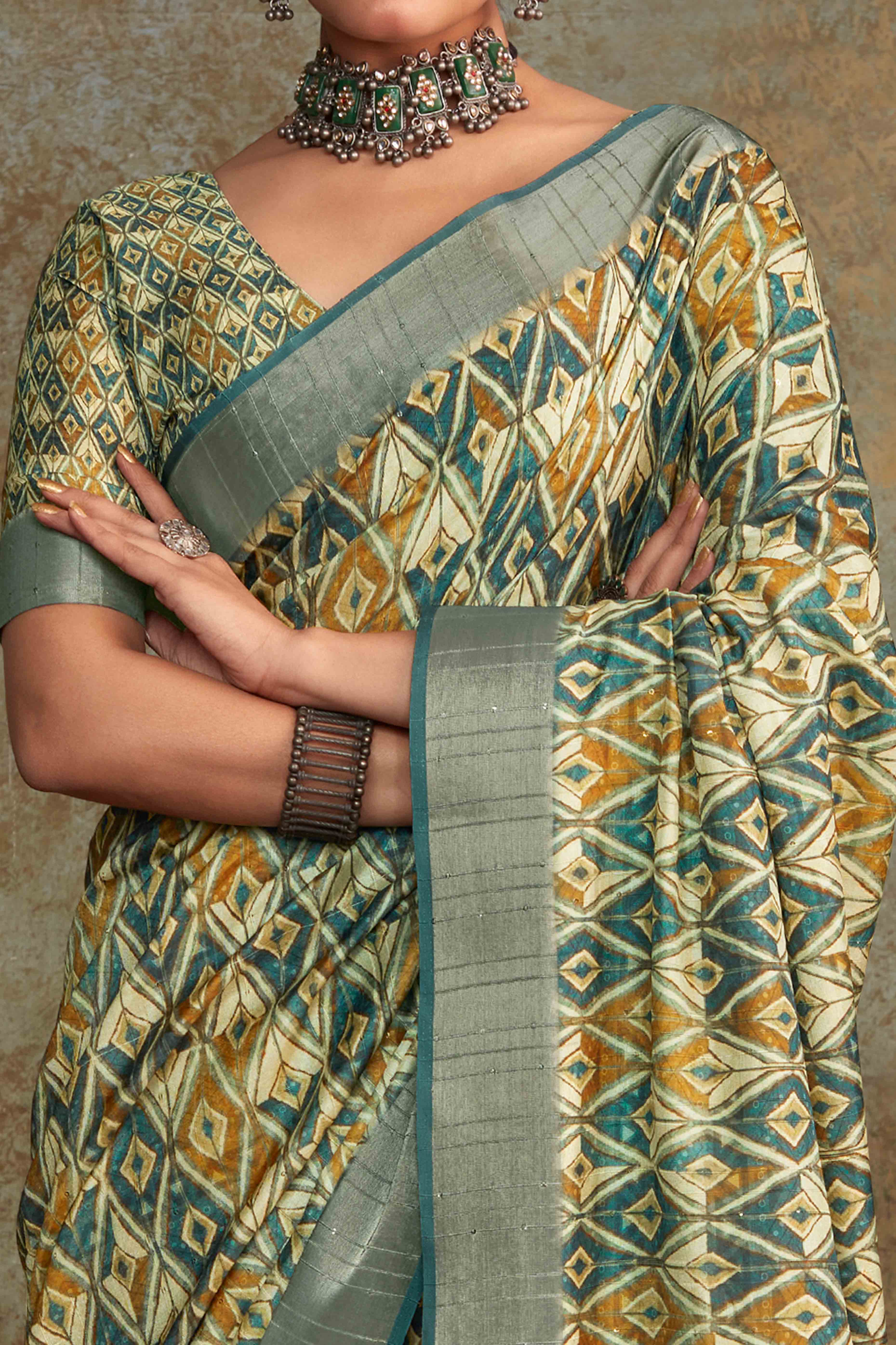 Green Geometric Printed Cotton Silk Saree