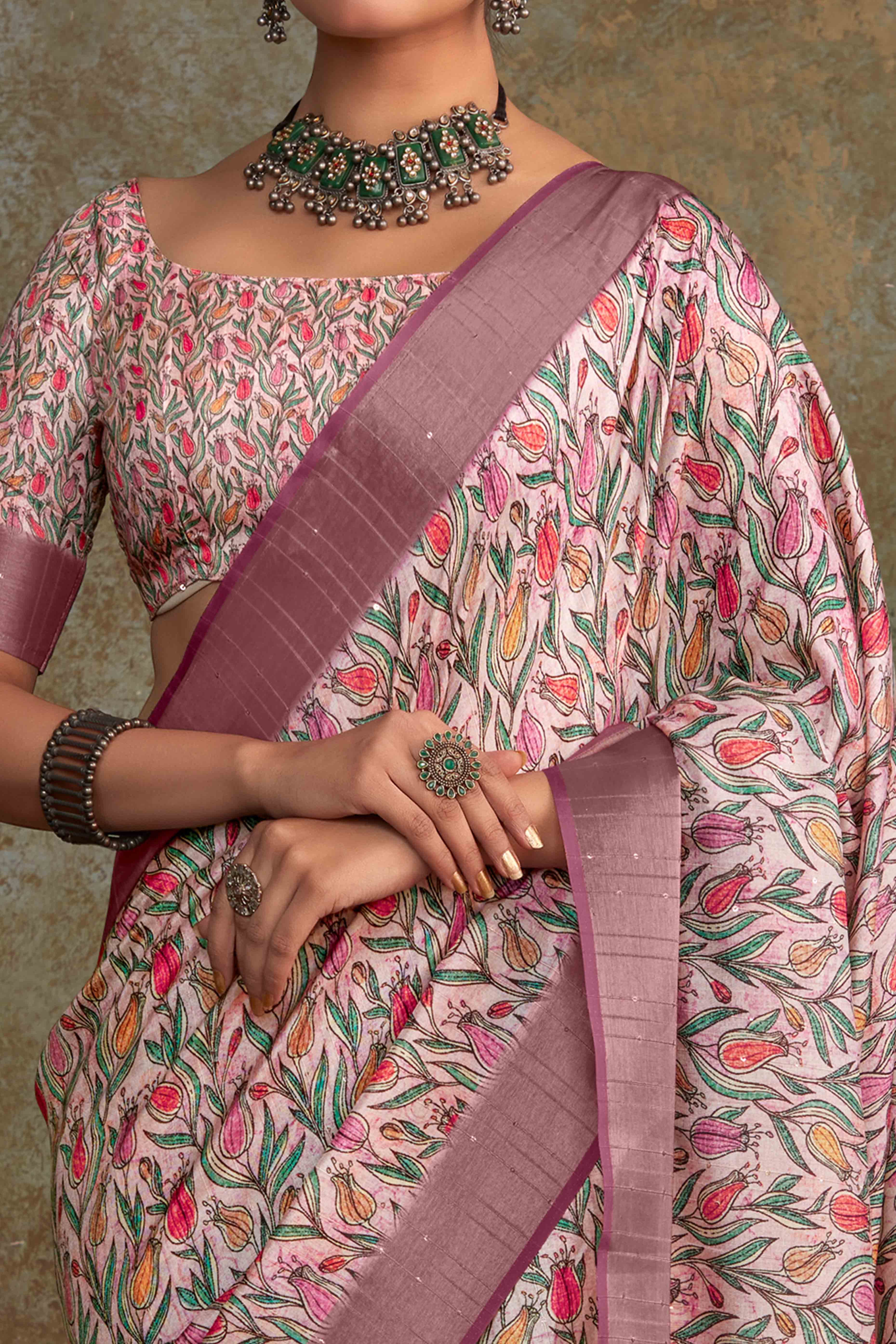 Pink Floral Printed Cotton Silk Saree