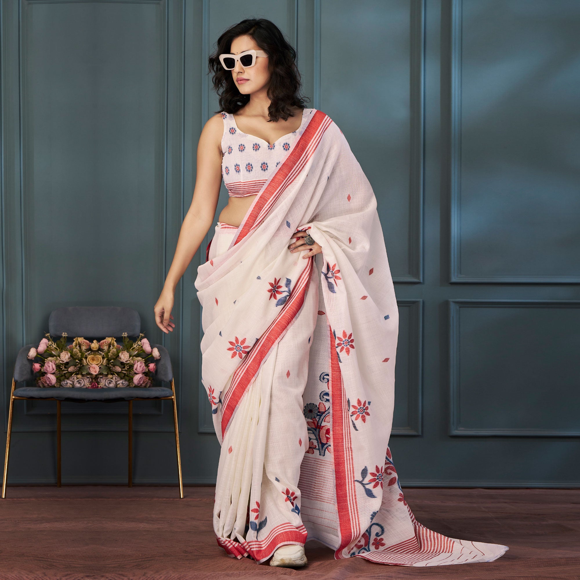 Off White Floral Woven linen Saree