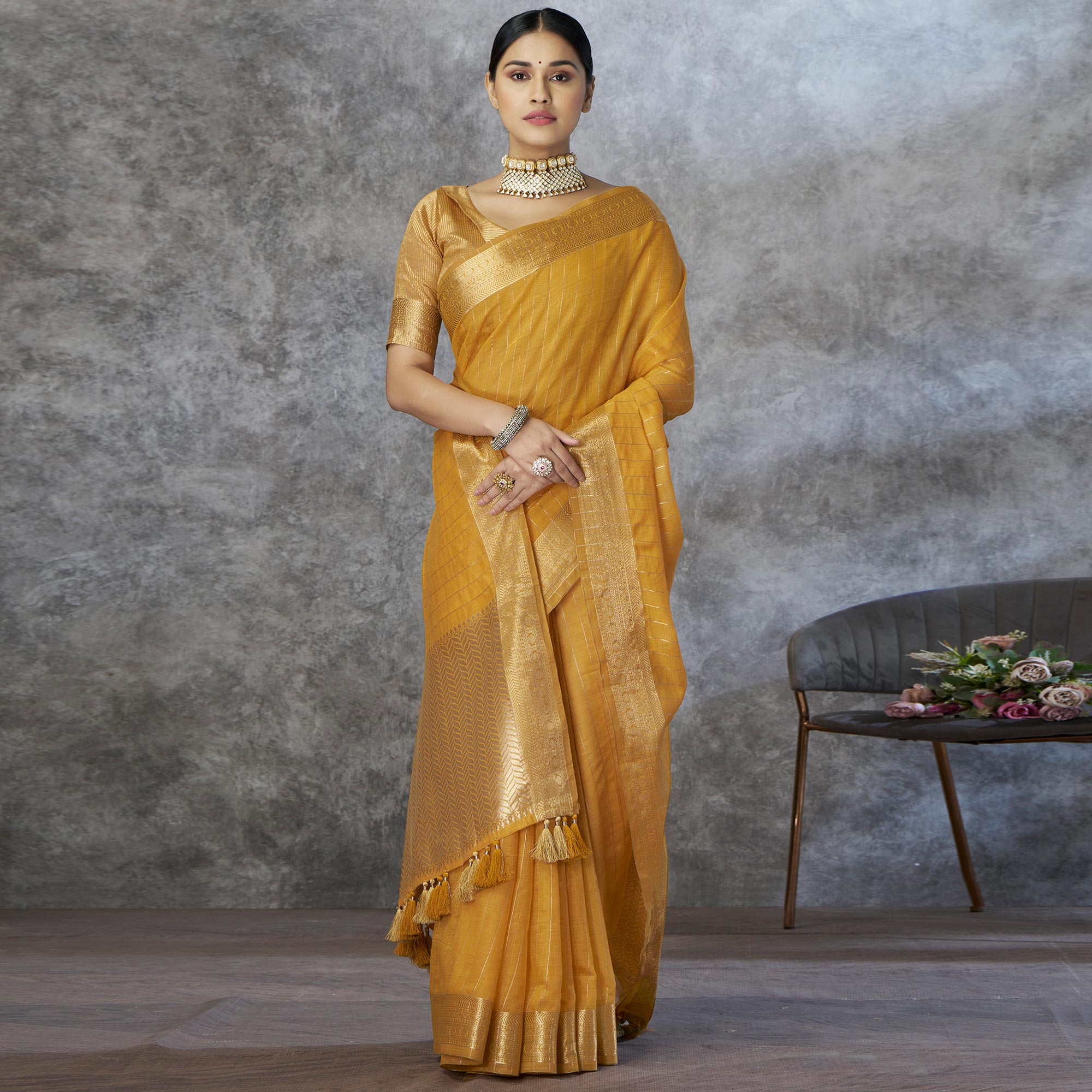 Mustard Woven Cotton Silk Saree With Tassels