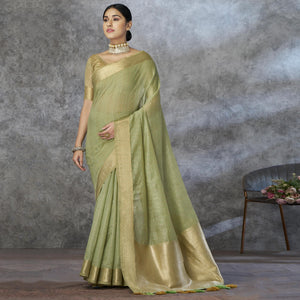 Green Woven Cotton Silk Saree With Tassels