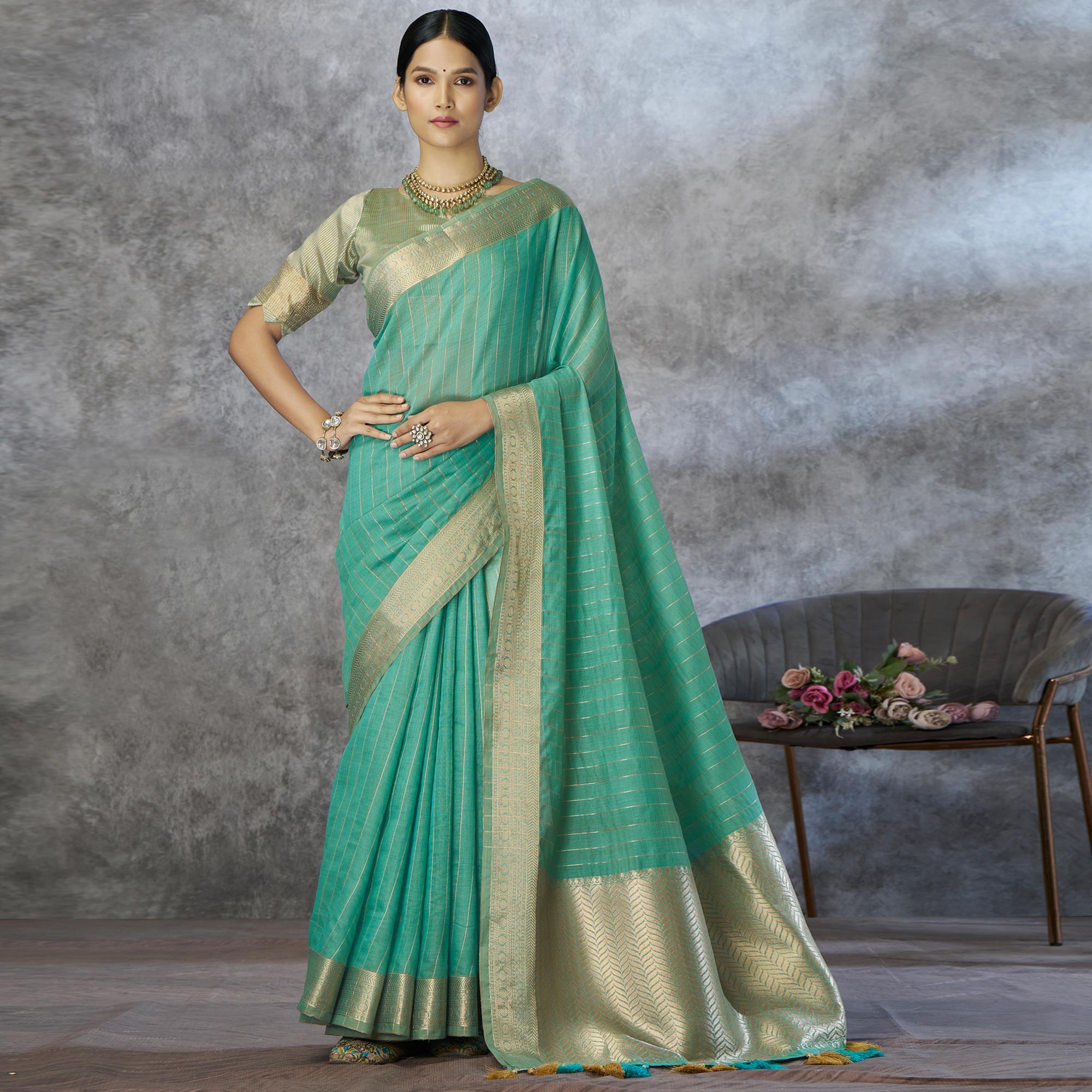 Turquoise Woven Cotton Silk Saree With Tassels