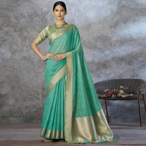 Turquoise Woven Cotton Silk Saree With Tassels