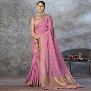 Pink Woven Cotton Silk Saree With Tassels