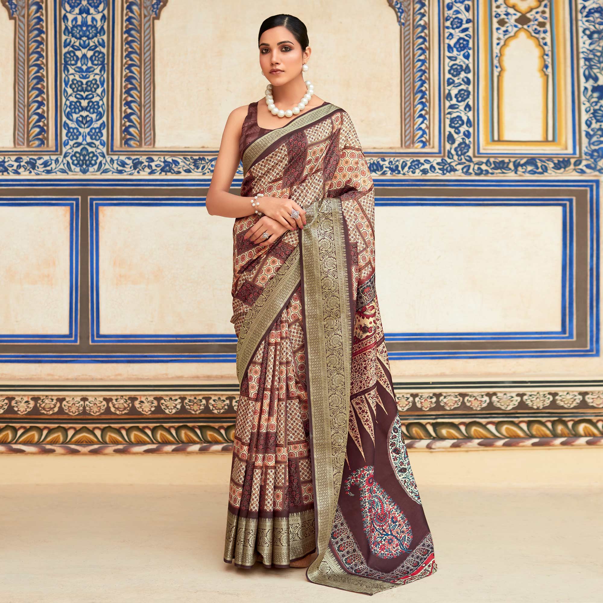Beige & Brown Printed Dola Silk Saree