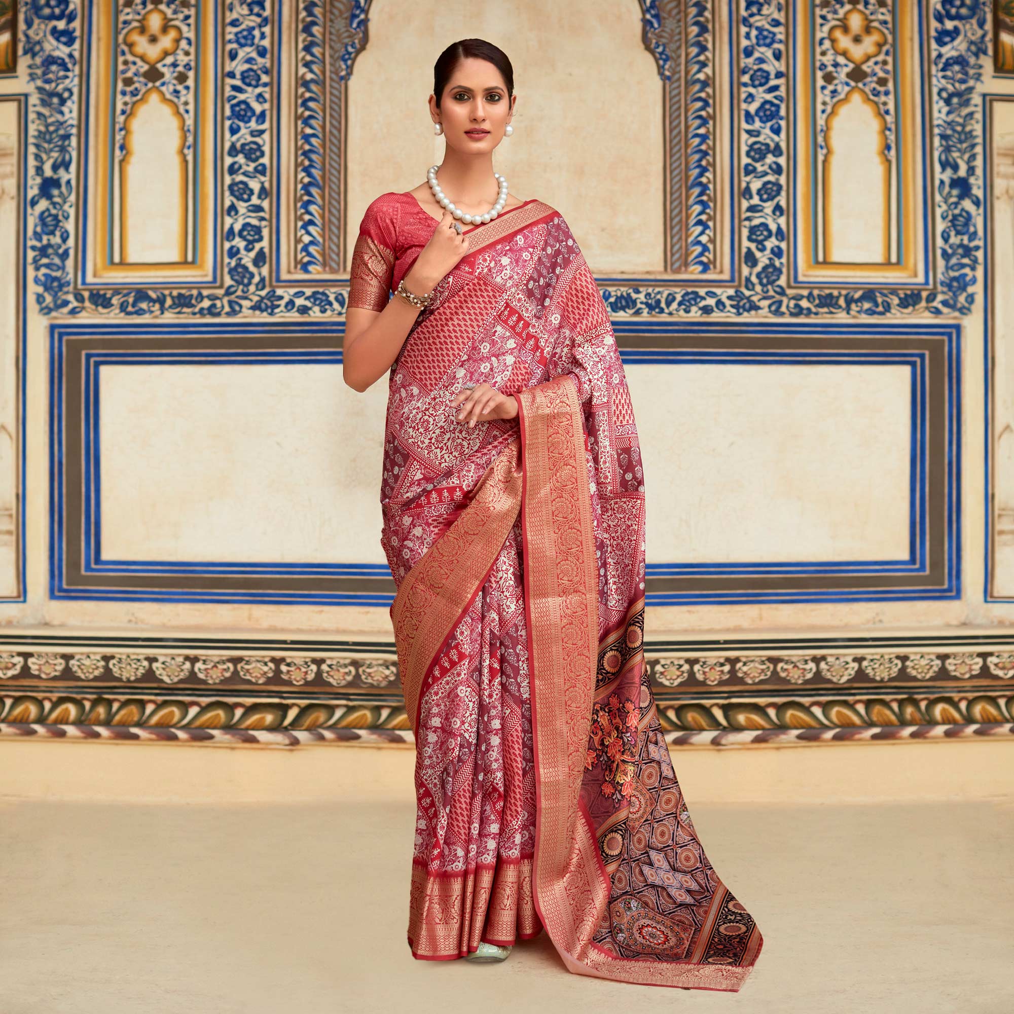 Gajri Pink Printed Dola Silk Saree