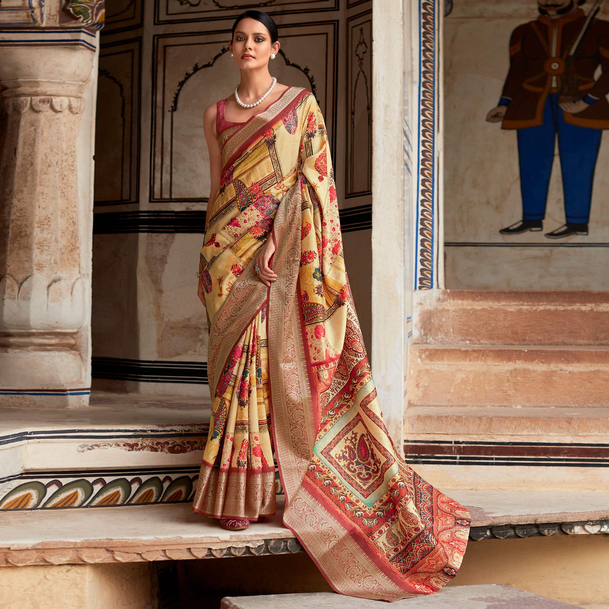 Yellow & Red Printed Dola Silk Saree
