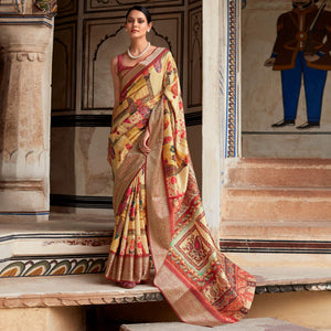 Yellow & Red Printed Dola Silk Saree