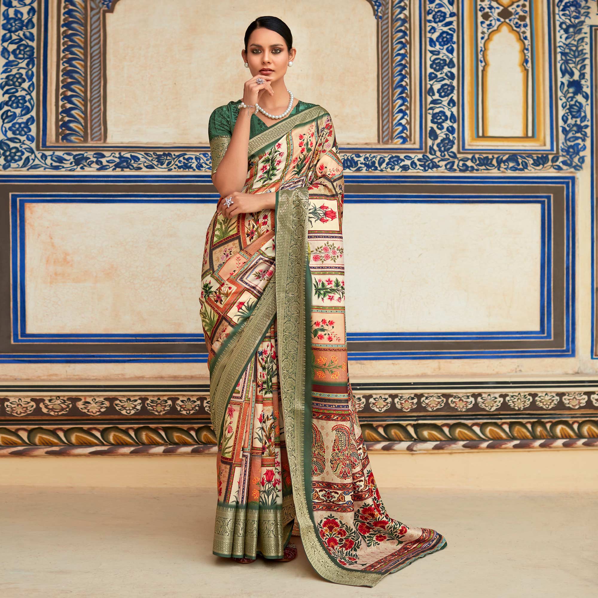 Beige & Green Printed Dola Silk Saree