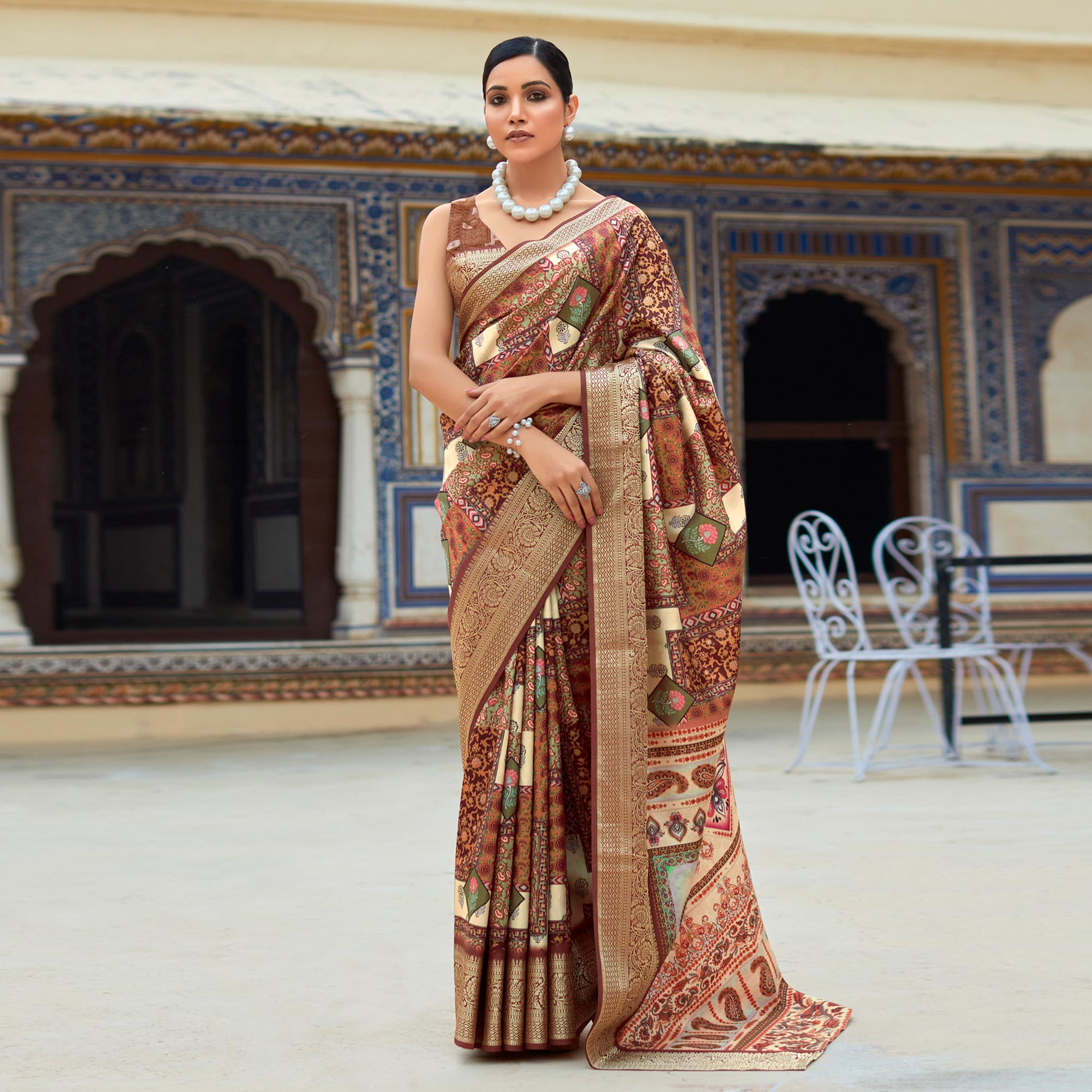 Brown Printed Dola Silk Saree