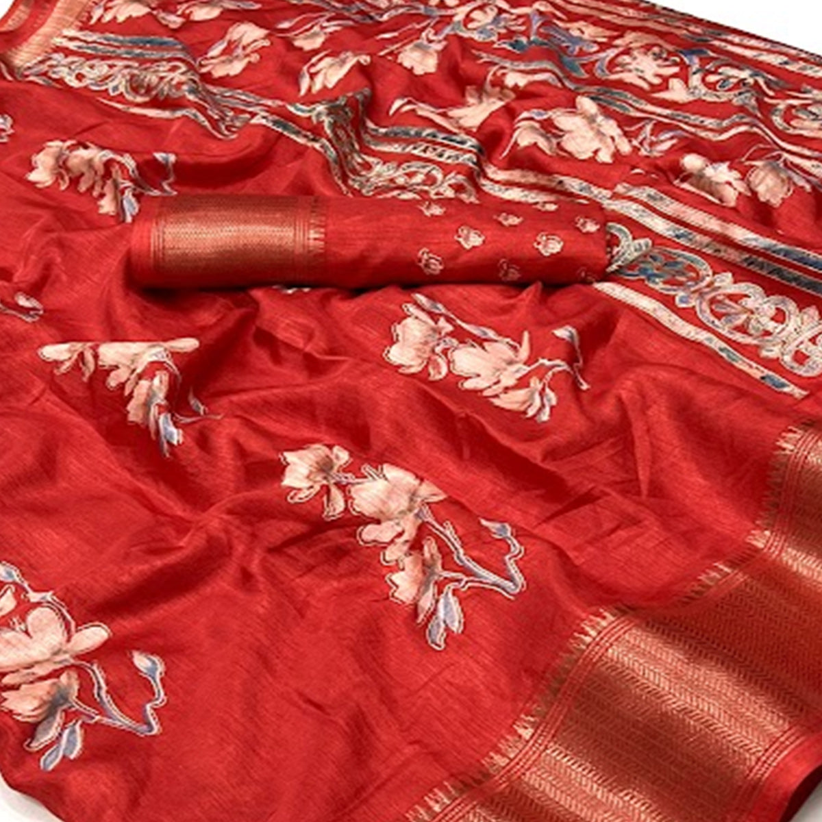 Red Floral Foil Printed Dola Silk Saree With Jacquard Border