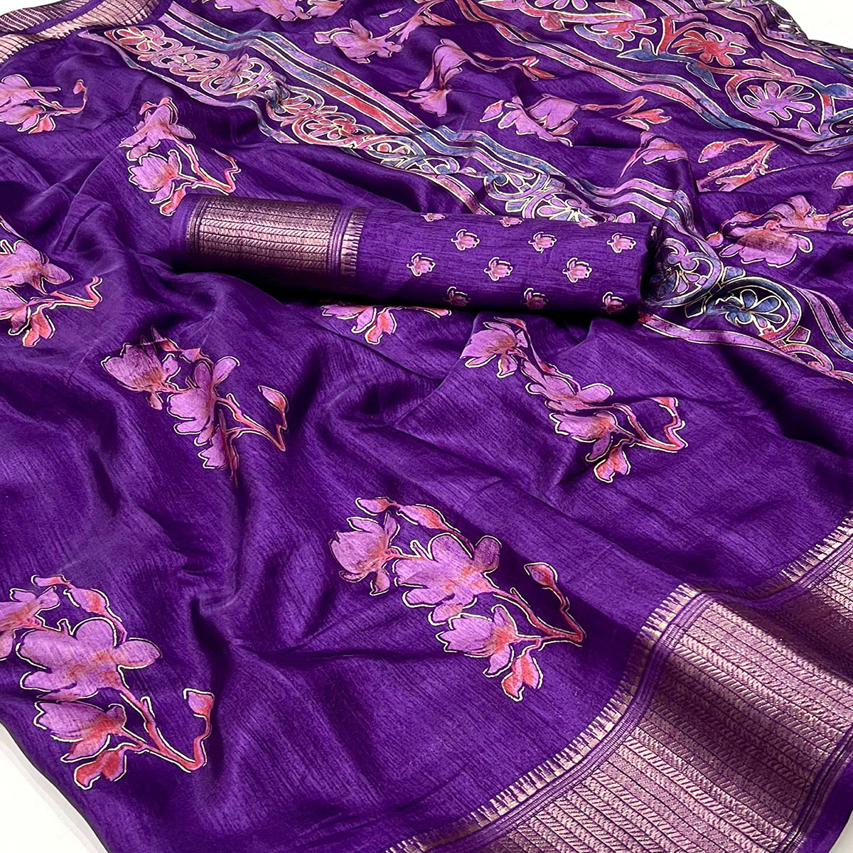 Purple Floral Foil Printed Dola Silk Saree With Jacquard Border