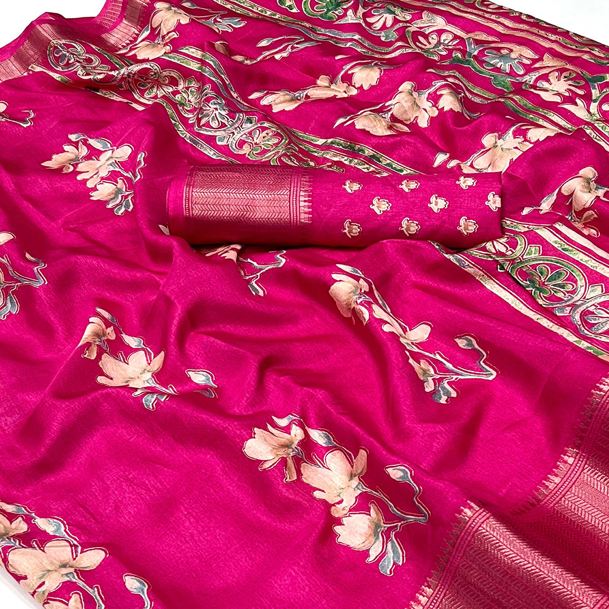 Pink Floral Foil Printed Dola Silk Saree With Jacquard Border