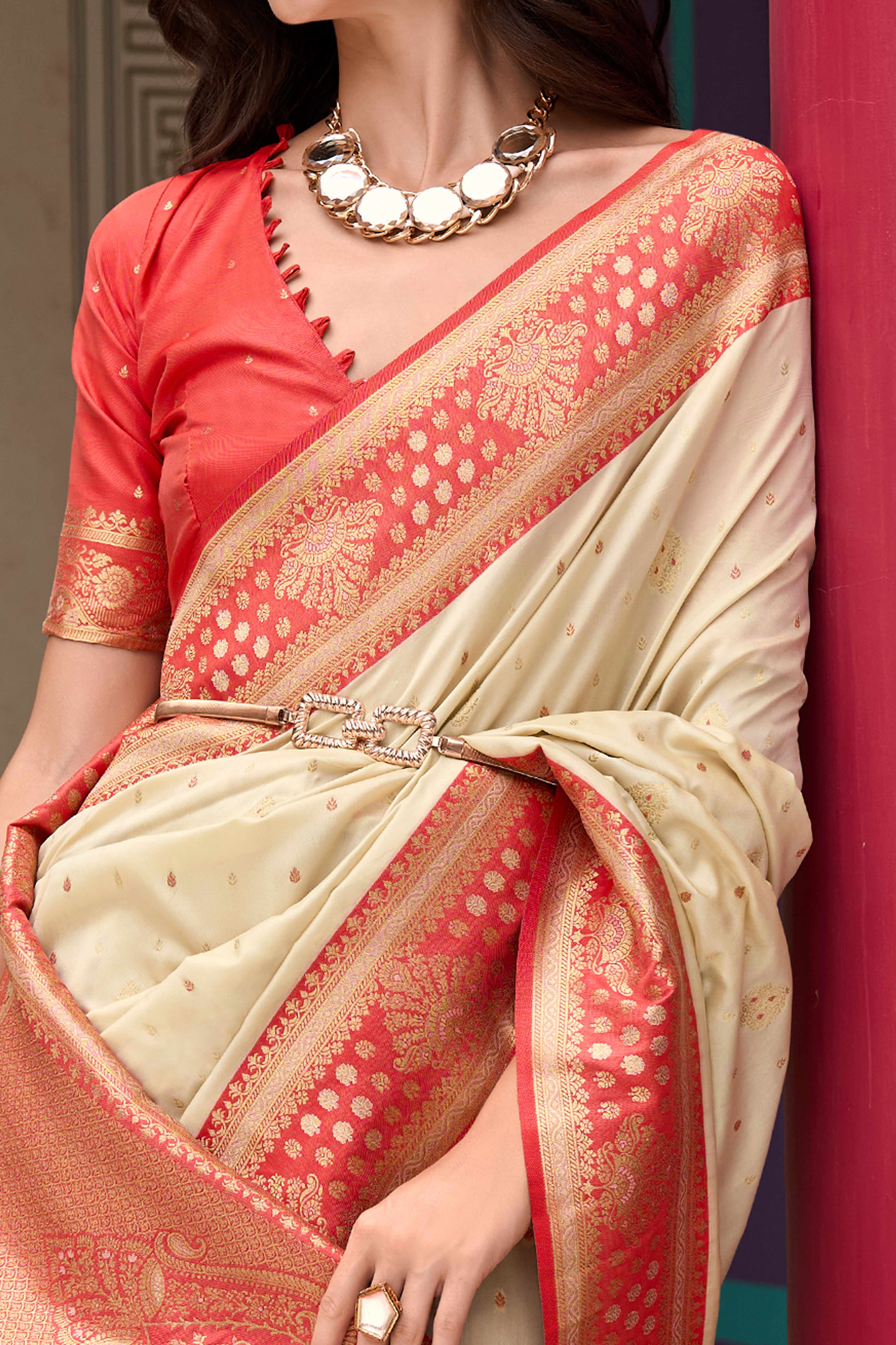 Pure Soft Banarasi Silk Saree in Cream Beige Hue with Timeless Zari Butti Patterns