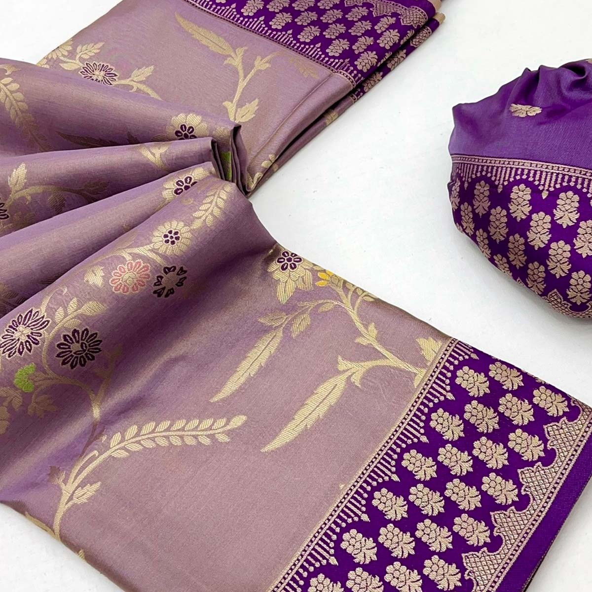 Lavender Tissue Dharmavaram Silk Saree Adorned with Fine Traditional Minakari Weaving