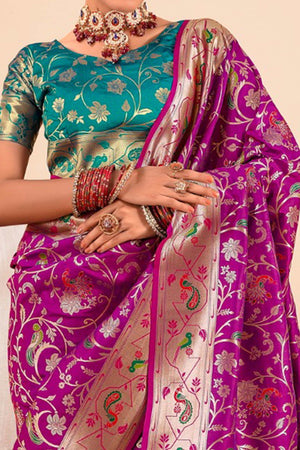 Purple Floral Zari Weaving Pure Silk Paithani Saree