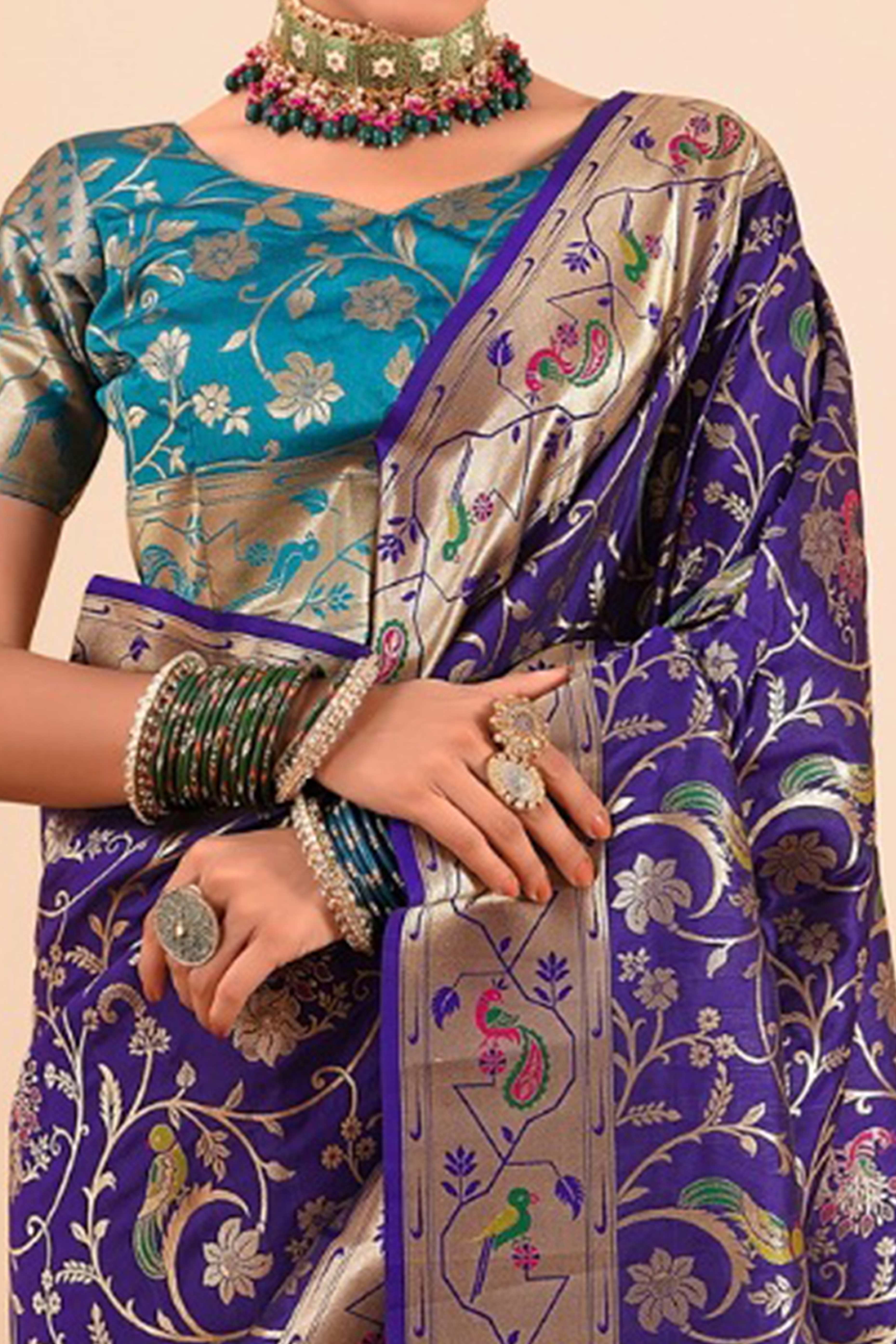 Bluish Purple Floral Zari Weaving Pure Silk Paithani Saree