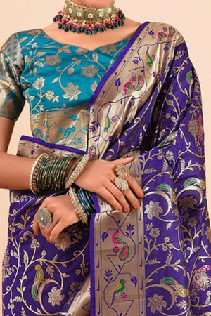 Bluish Purple Floral Zari Weaving Pure Silk Paithani Saree