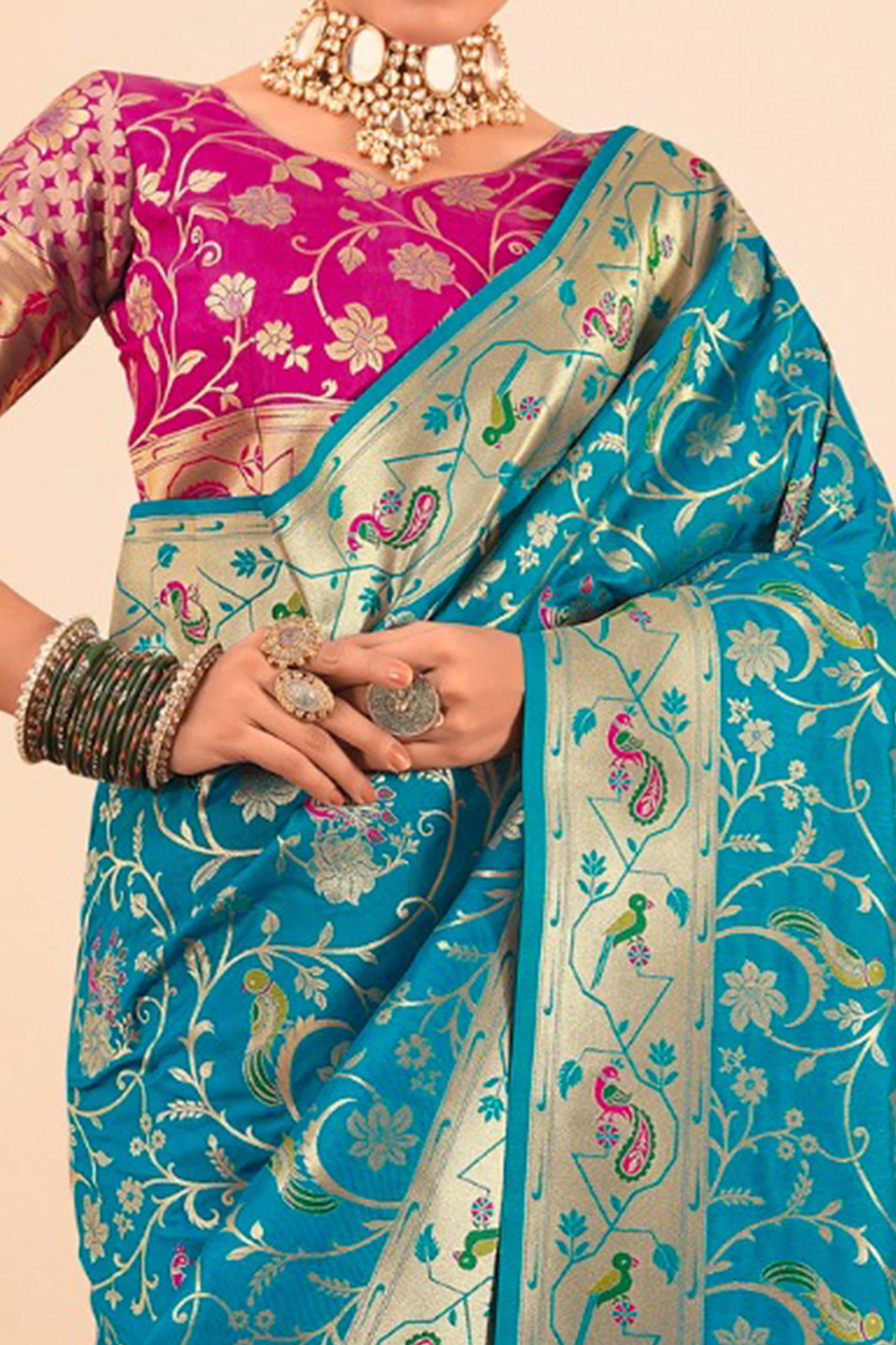 Rama Blue Floral Zari Weaving Pure Silk Paithani Saree
