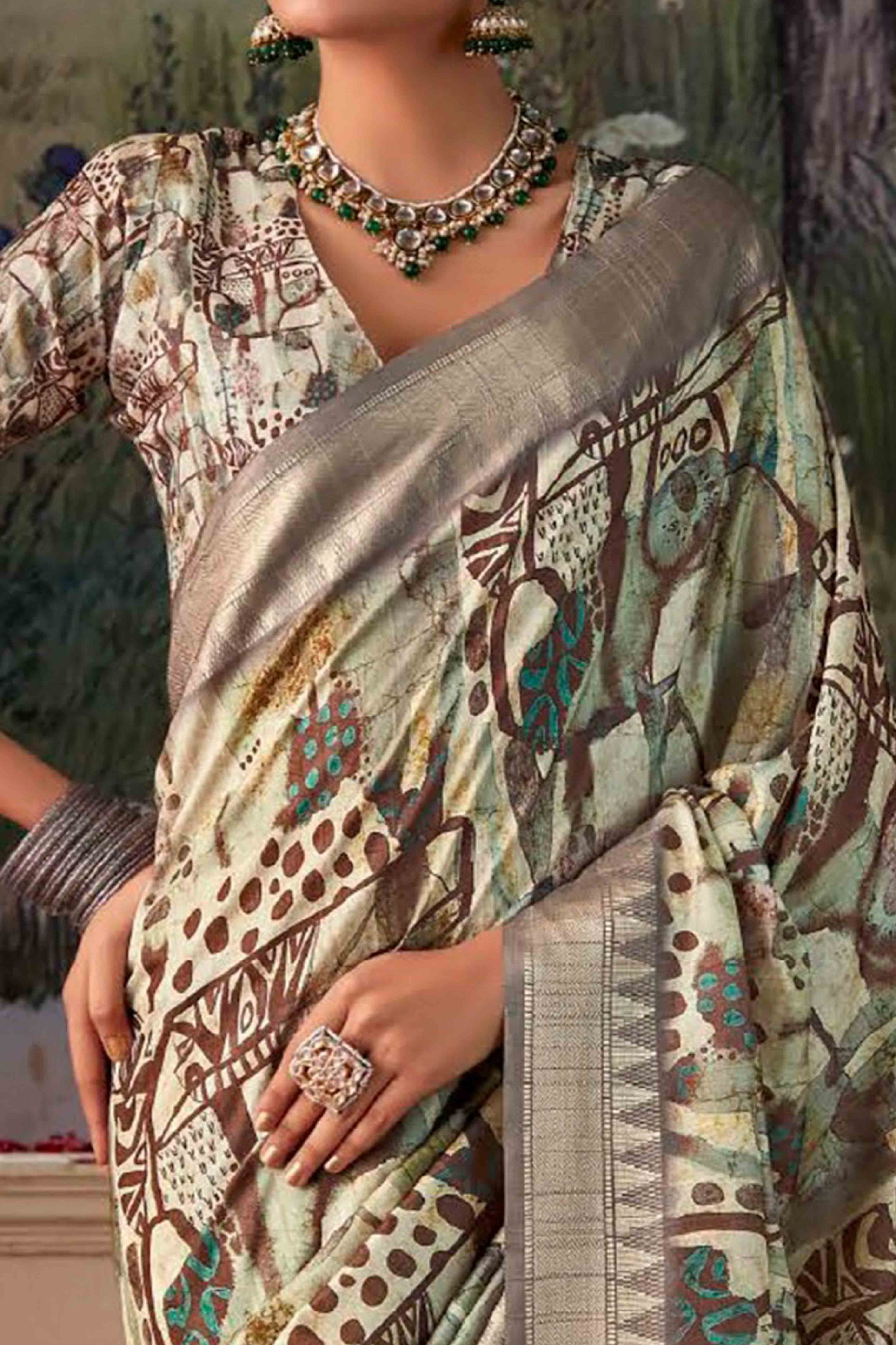 Trendy Digital Printed Silk Blend Saree in Muted Green