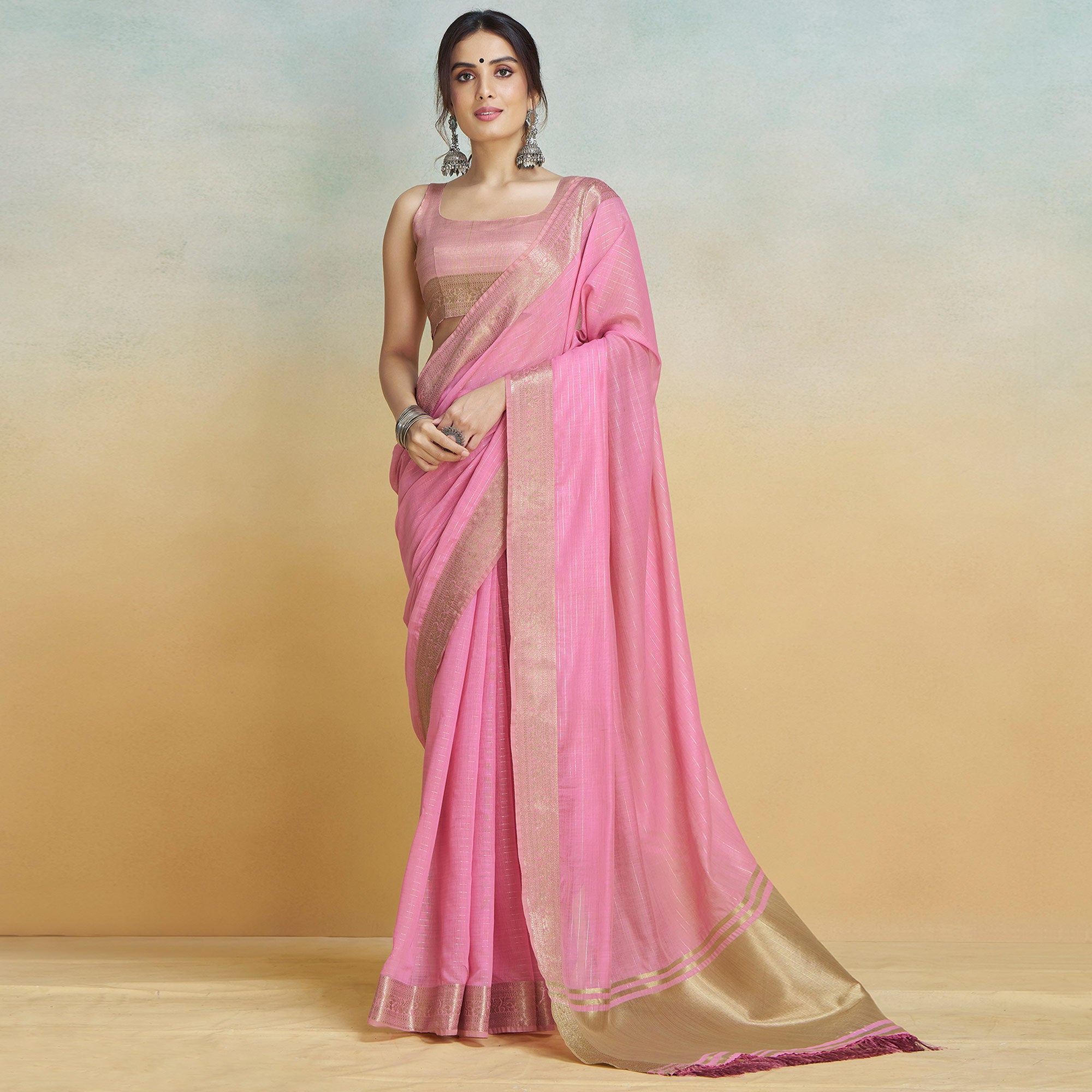 Pink Woven Cotton Silk Saree With Tassels