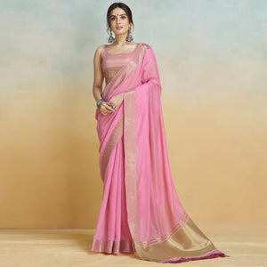 Pink Woven Cotton Silk Saree With Tassels