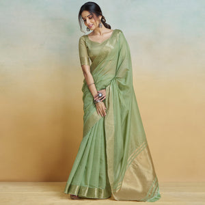 Green Woven Cotton Silk Saree With Tassels