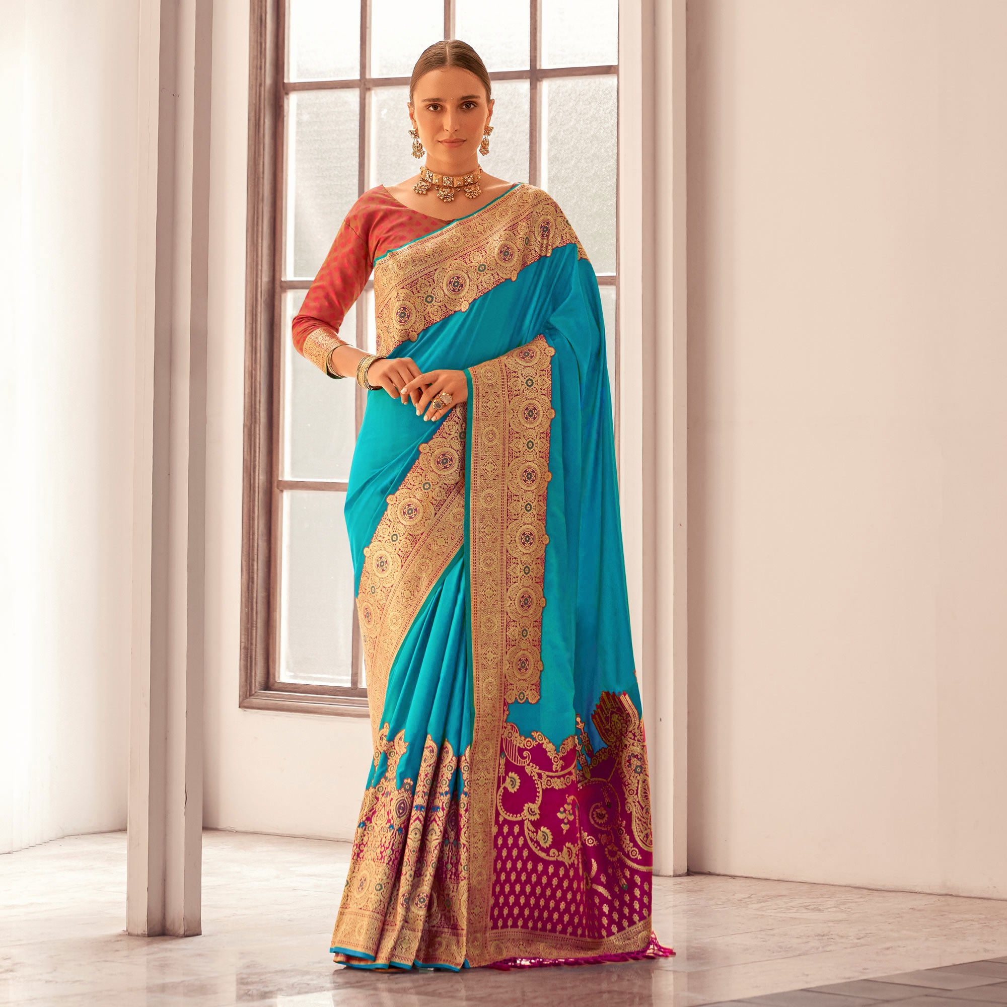 Blue Floral Woven Banarasi Silk Saree With Tassels