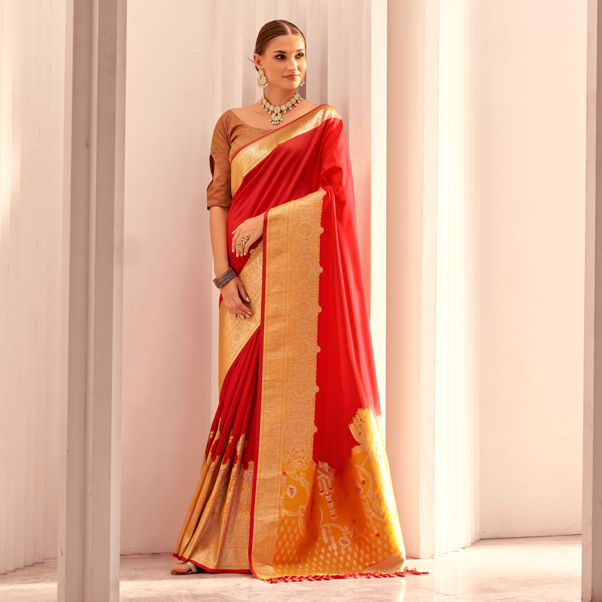 Red Floral Woven Banarasi Silk Saree With Tassels