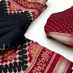 Black Patola Print Mulmul Cotton Saree with Shimmering Zari Trim