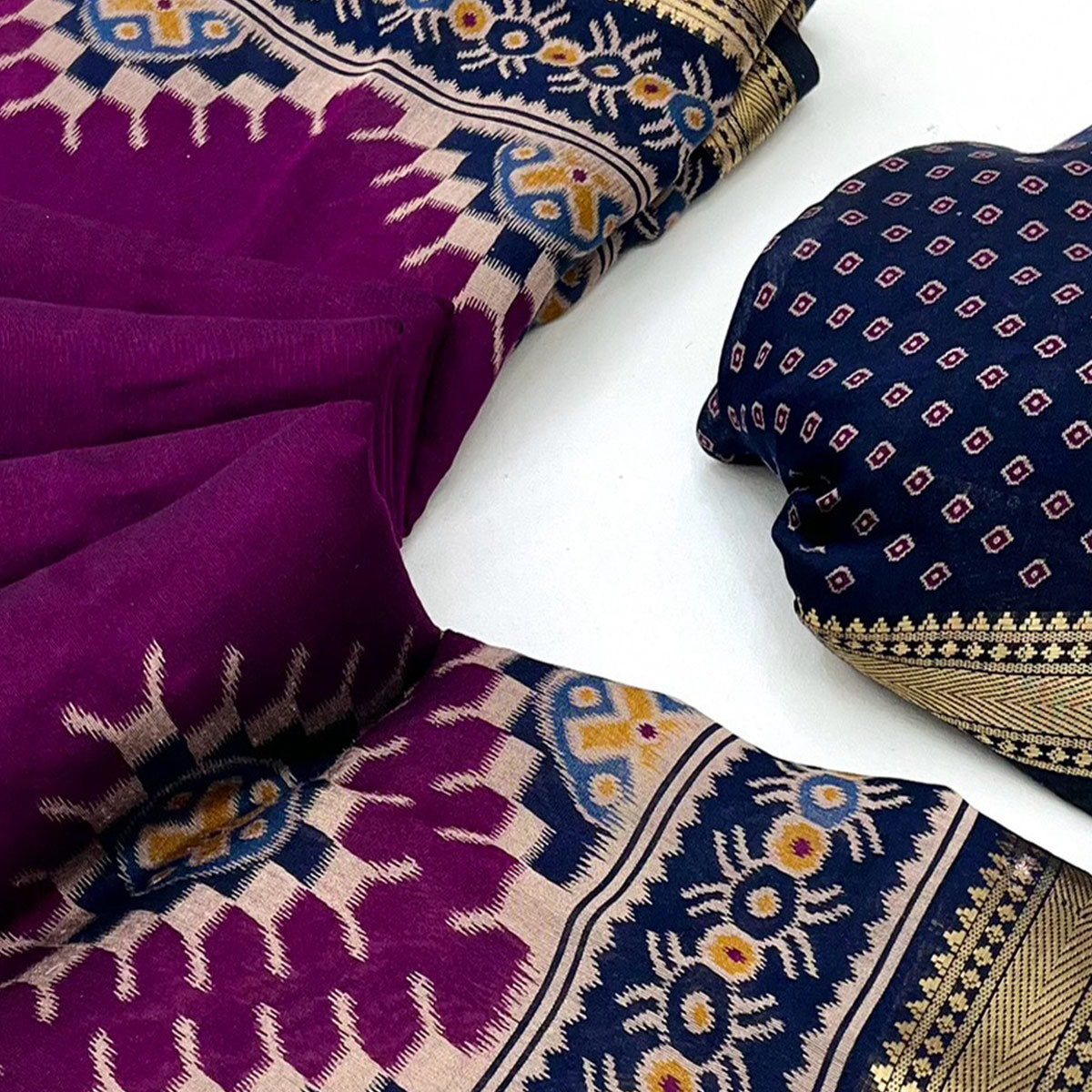 Dark Purple Patola Print Mulmul Cotton Saree with Shimmering Zari Trim