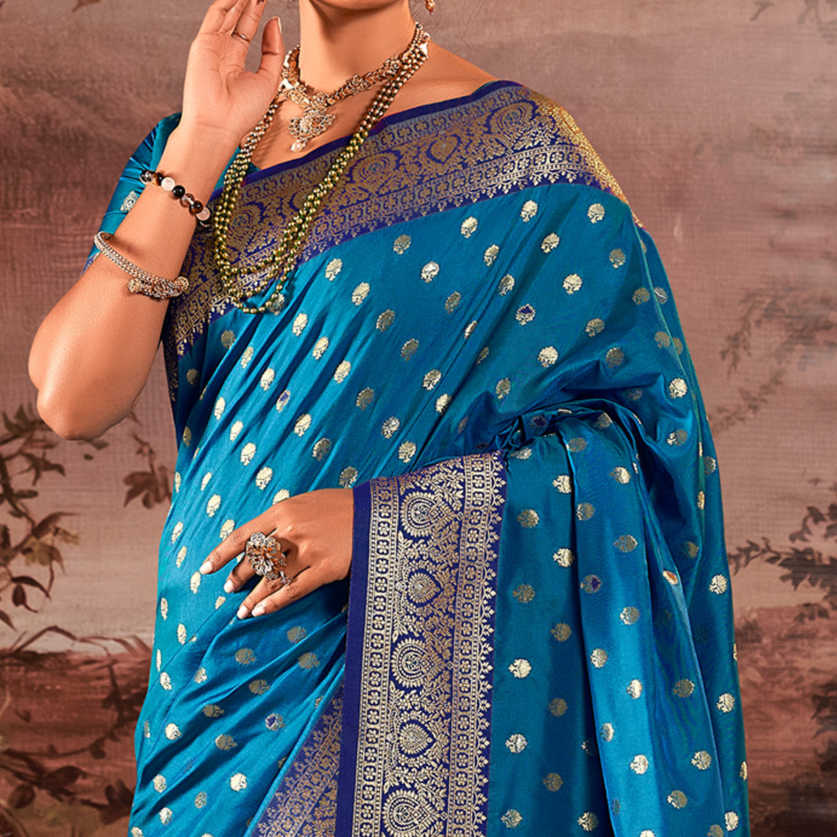 Peacock Blue Woven Butti Work Banarasi Silk Saree