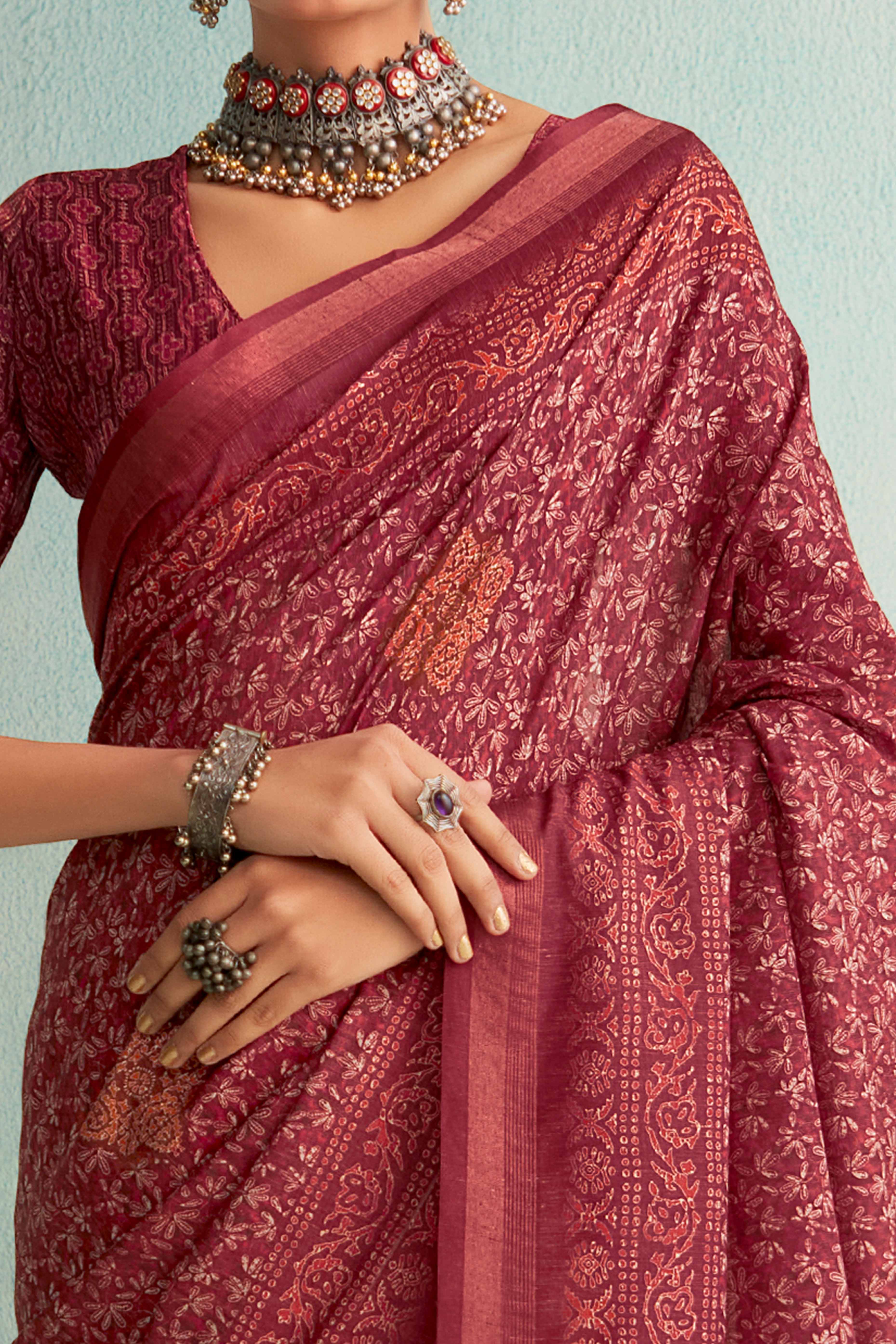 Designer Mauve Handloom Saree with Digital Print on Silk Blend Fabric