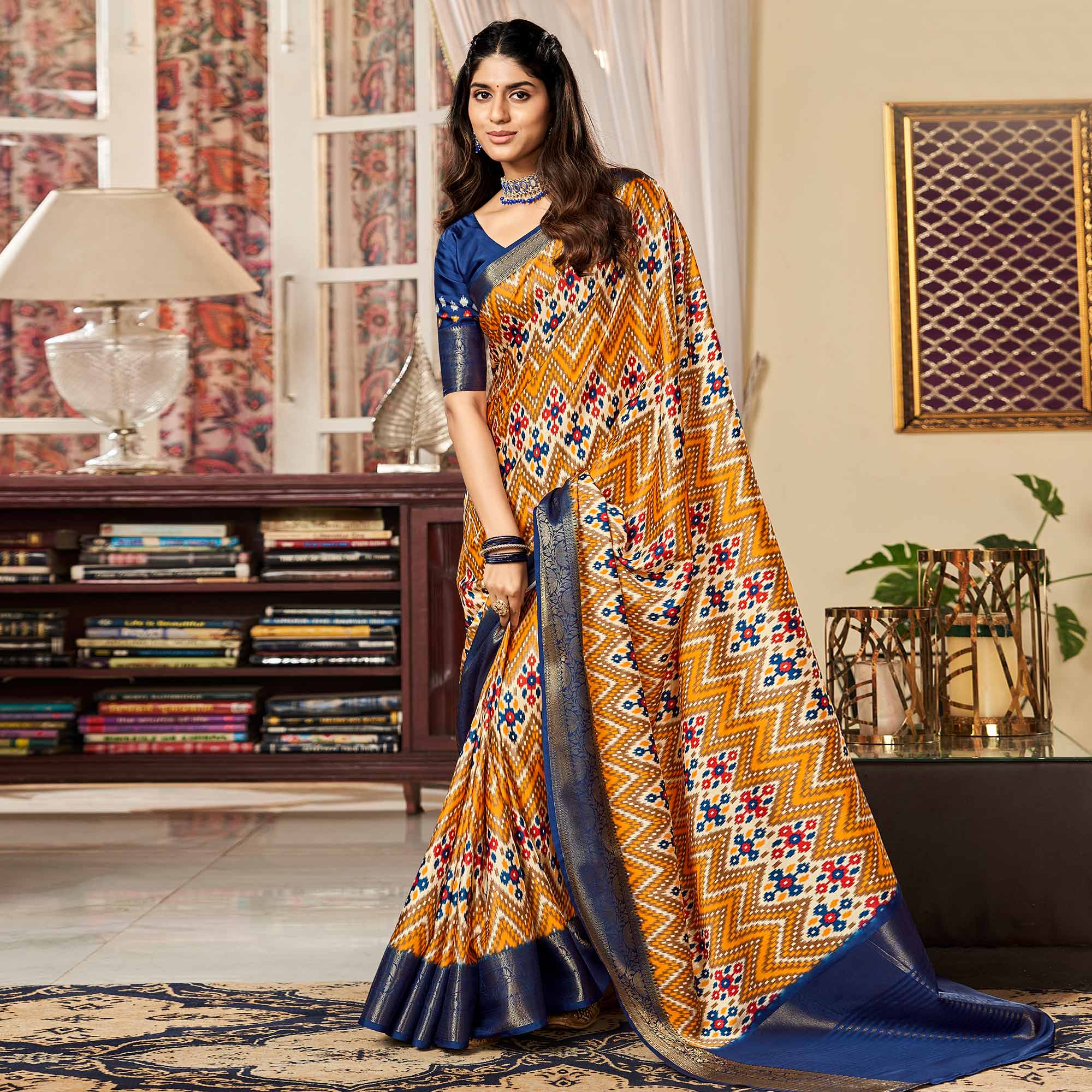 Mustard & Blue Digital Printed Satin Saree