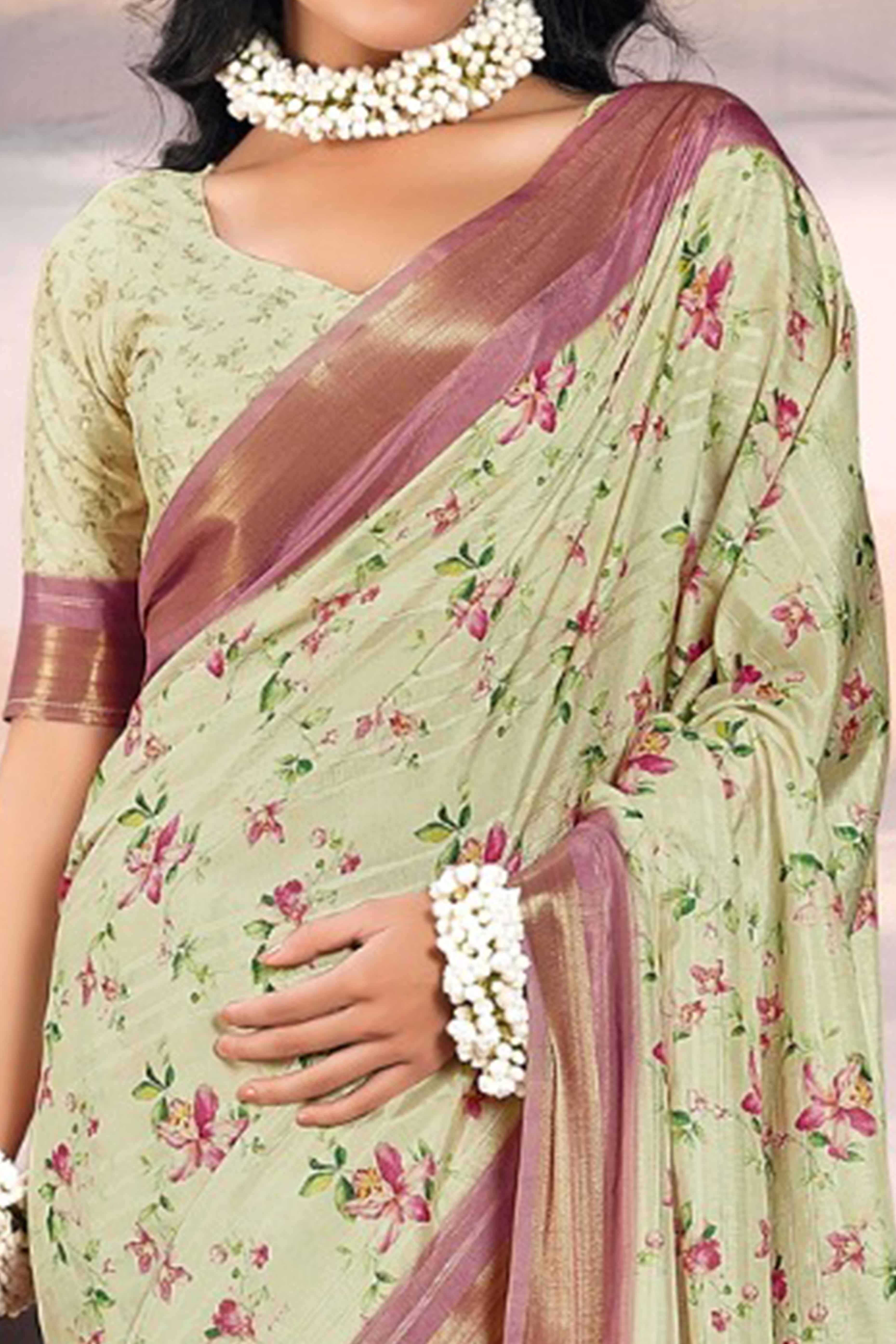 Pastle Green Digital Printed Saree in Soft Cotton Silk Fabric