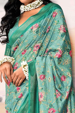 Turquoise Digital Printed Saree in Soft Cotton Silk Fabric