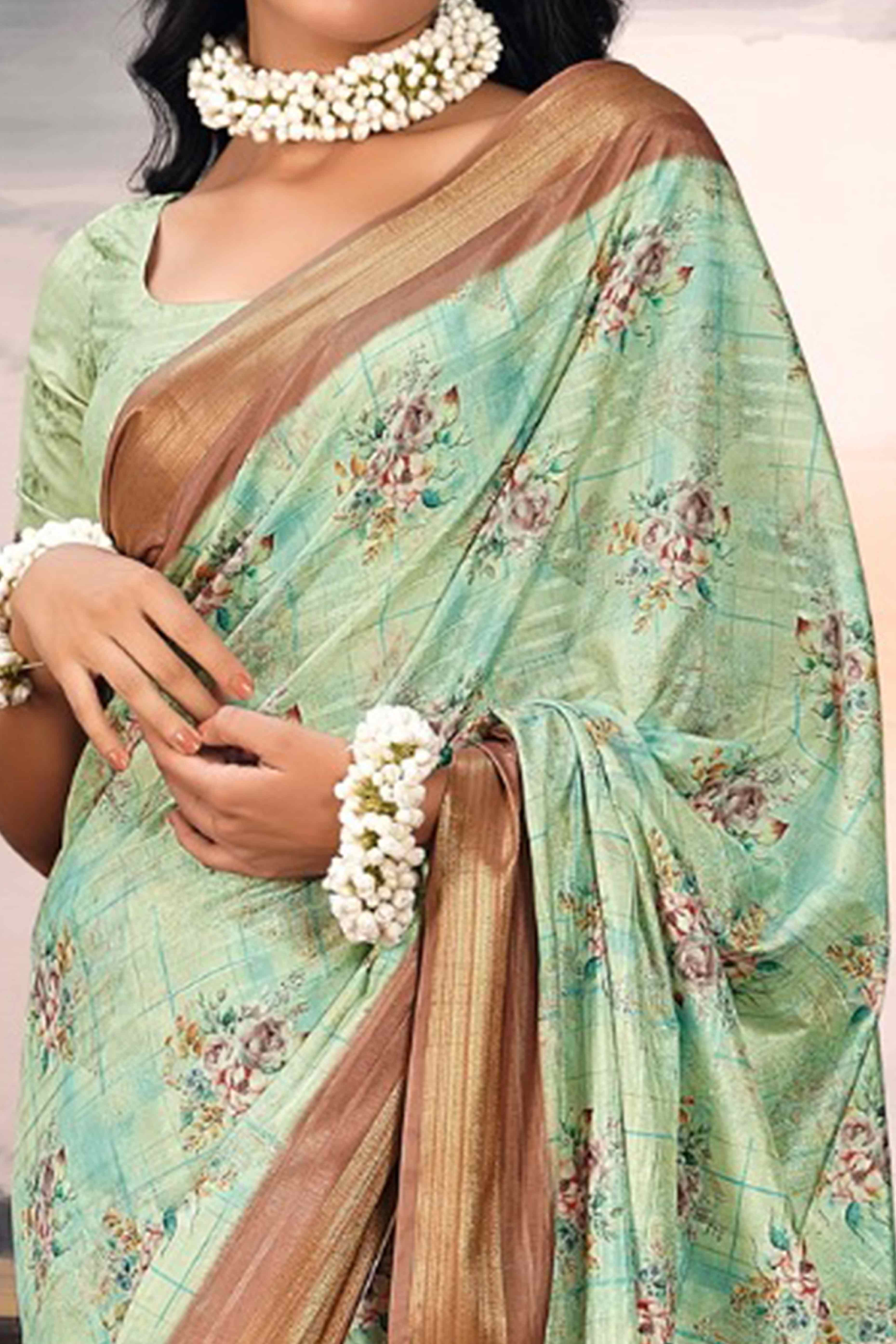 Sea Green Digital Printed Saree in Soft Cotton Silk Fabric