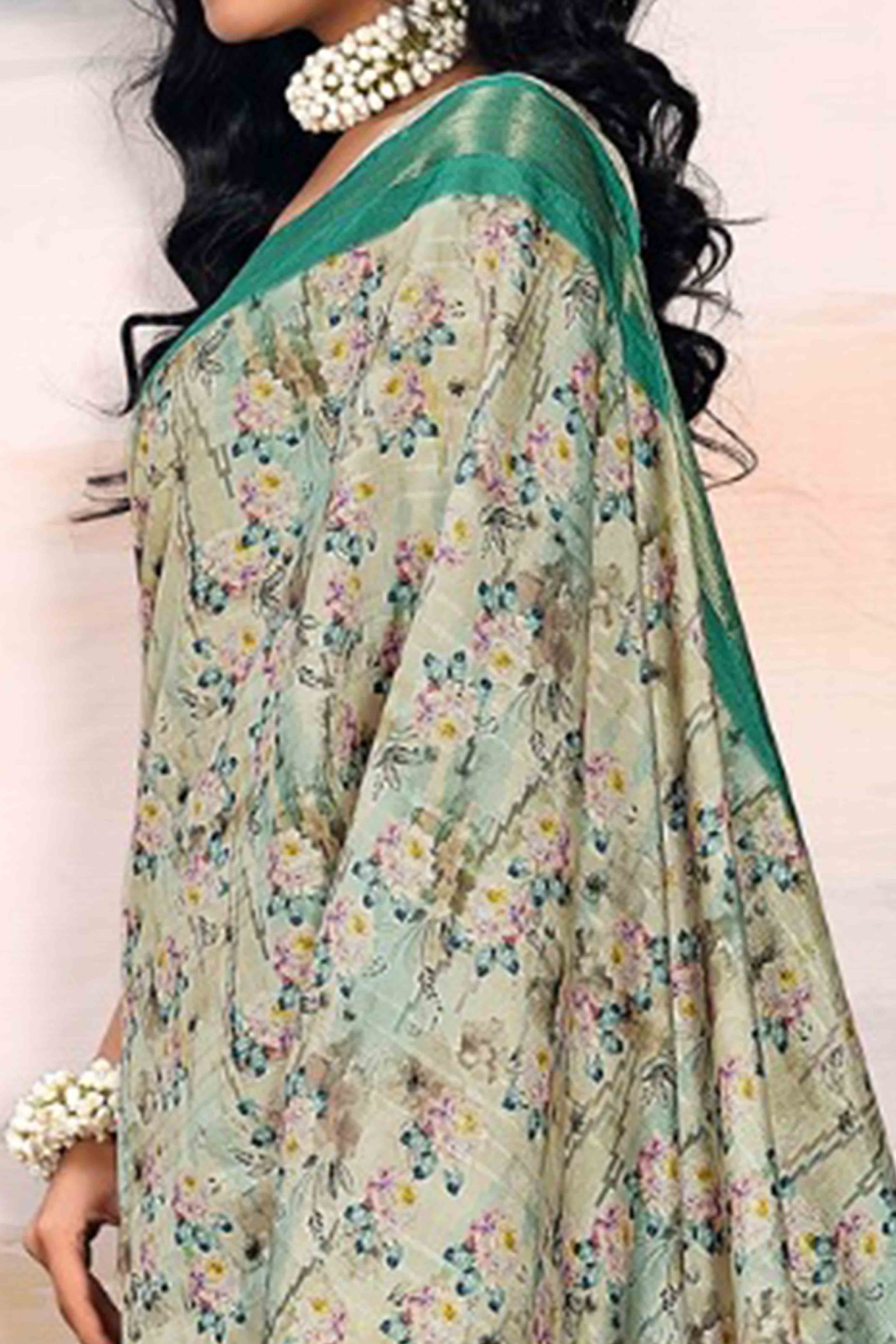 Light Green Digital Printed Saree in Soft Cotton Silk Fabric