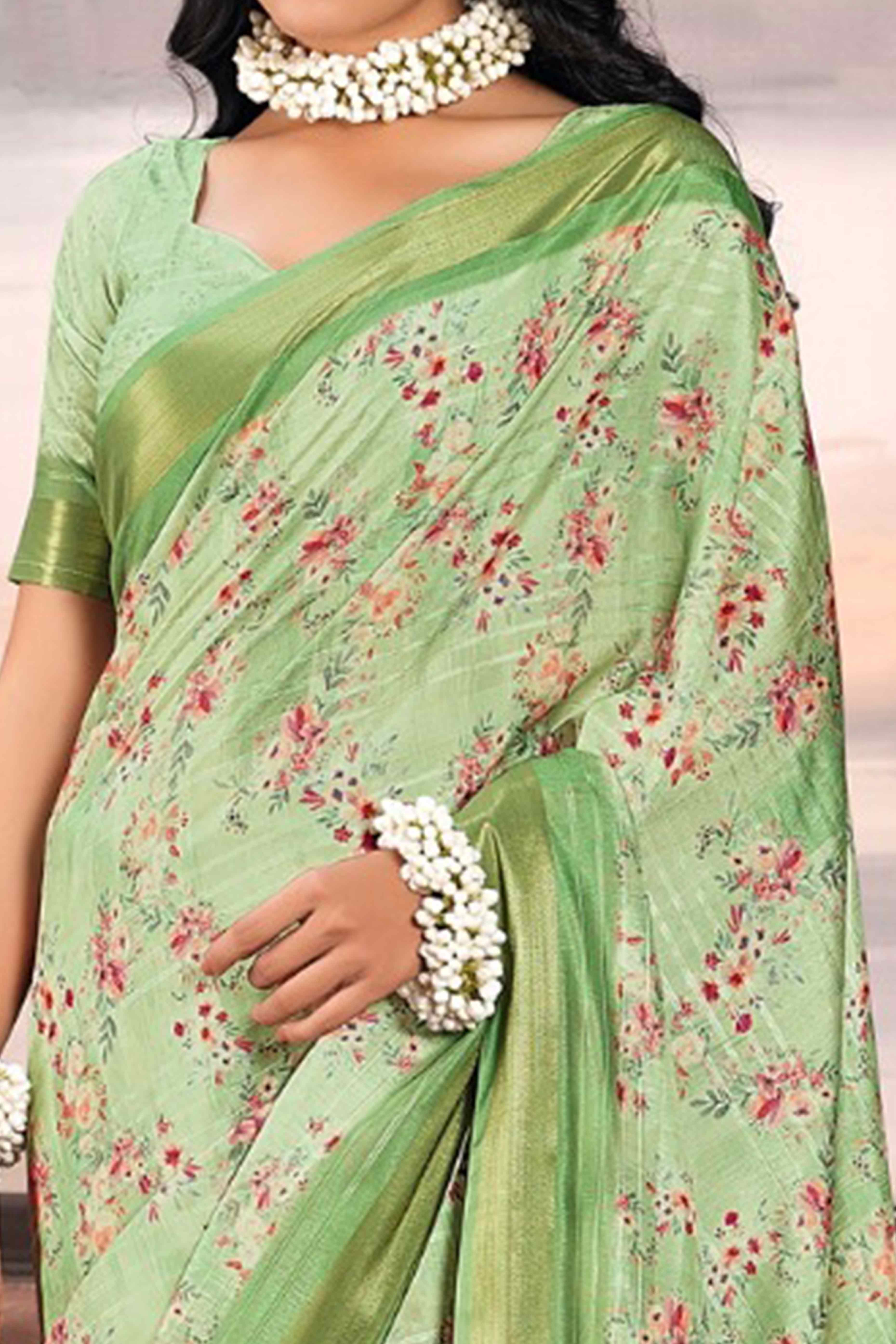 Green Digital Printed Saree in Soft Cotton Silk Fabric
