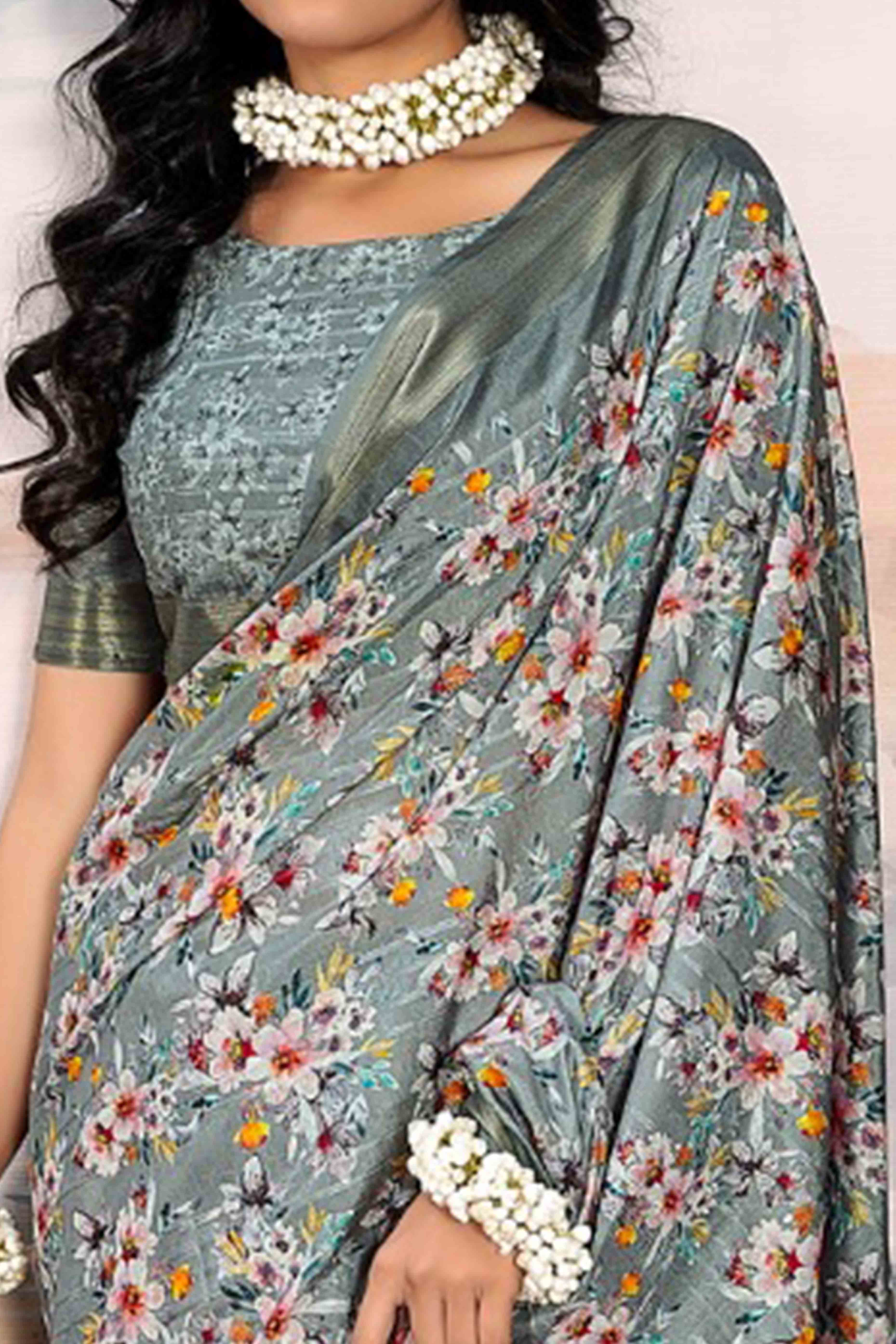 Grey Digital Printed Saree in Soft Cotton Silk Fabric