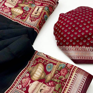 Traditional Print Mulmul Cotton Saree in Black with Elegant Zari Border