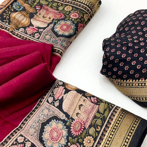Traditional Print Mulmul Cotton Saree in Magenta with Elegant Zari Border
