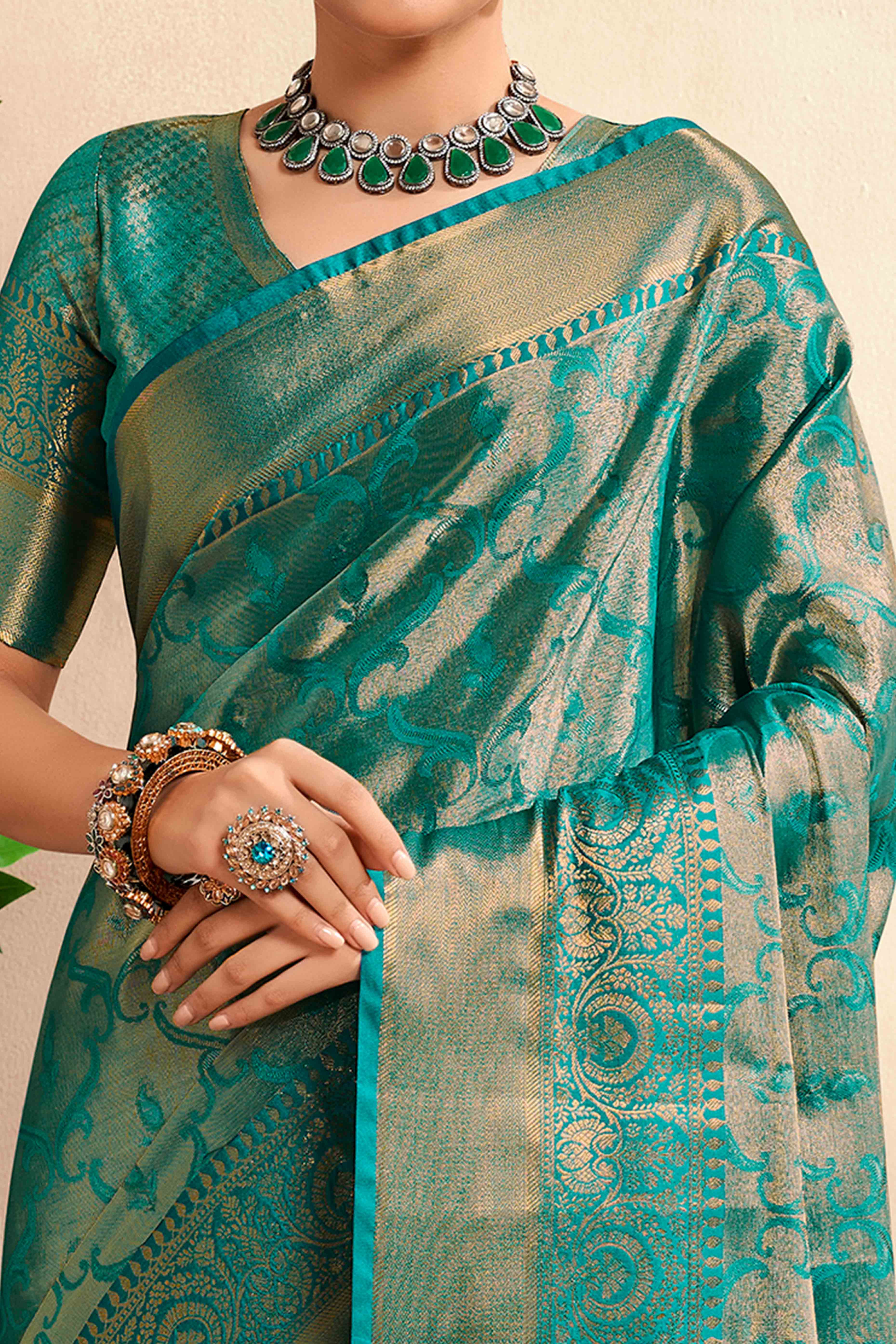 Turquoise Kanjivaram Silk Saree With Lustrous Zari Artistry