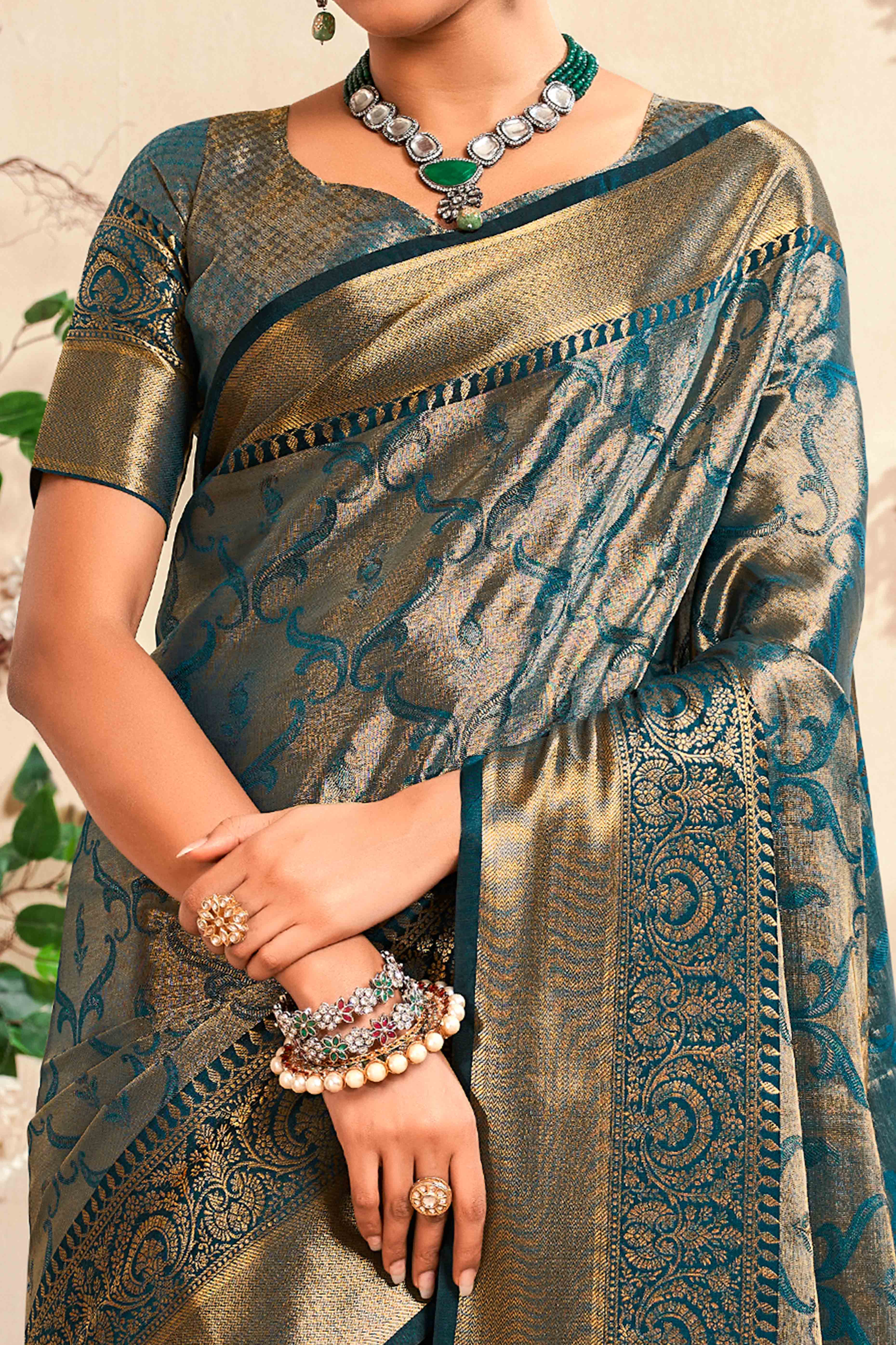 Teal Blue Kanjivaram Silk Saree With Lustrous Zari Artistry
